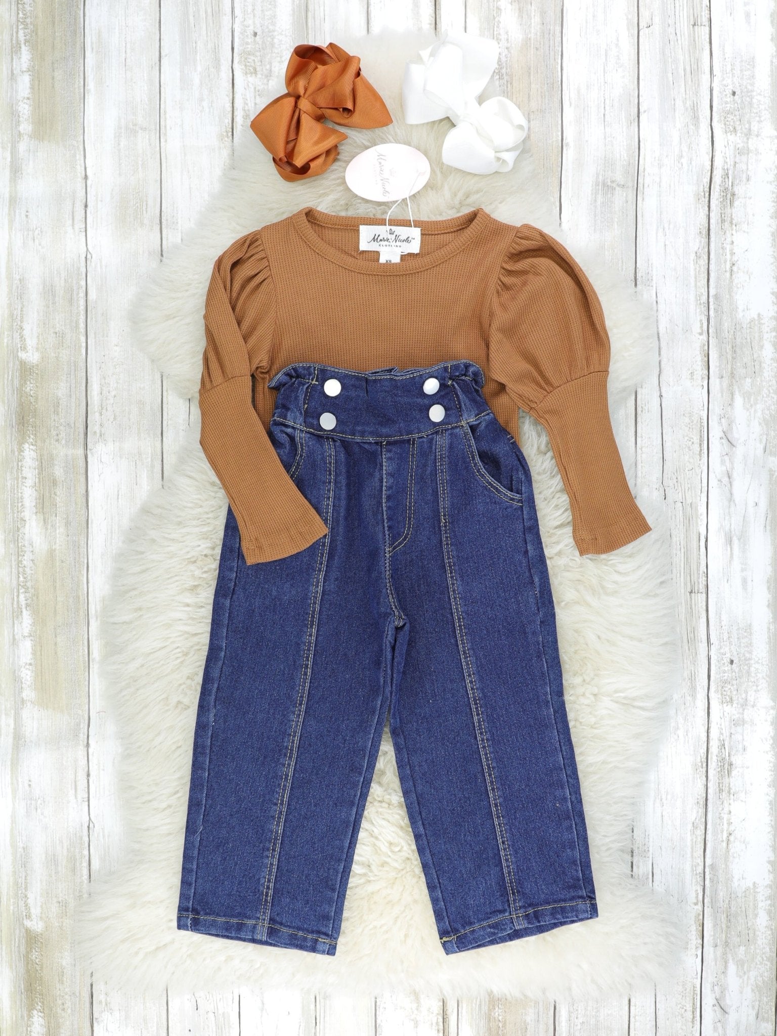 Brown Long Sleeve Top & Denim Outfit - Marie Nicole Clothing