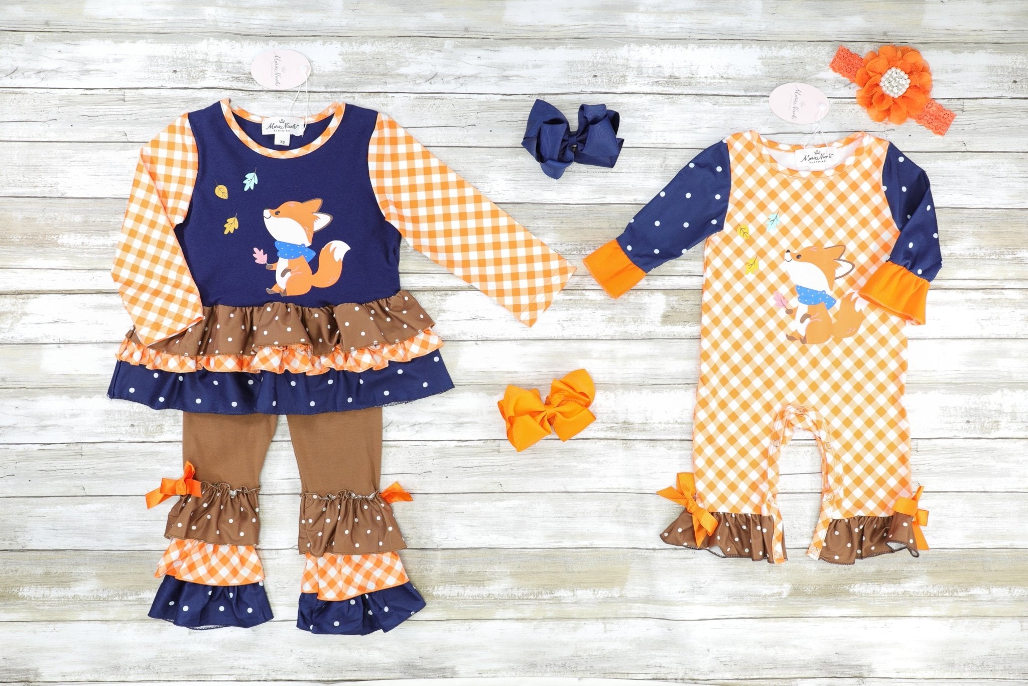 Orange Gingham & Navy Fox Ruffle Top & Brown Ruffle Bottoms Outfit - Marie Nicole Clothing