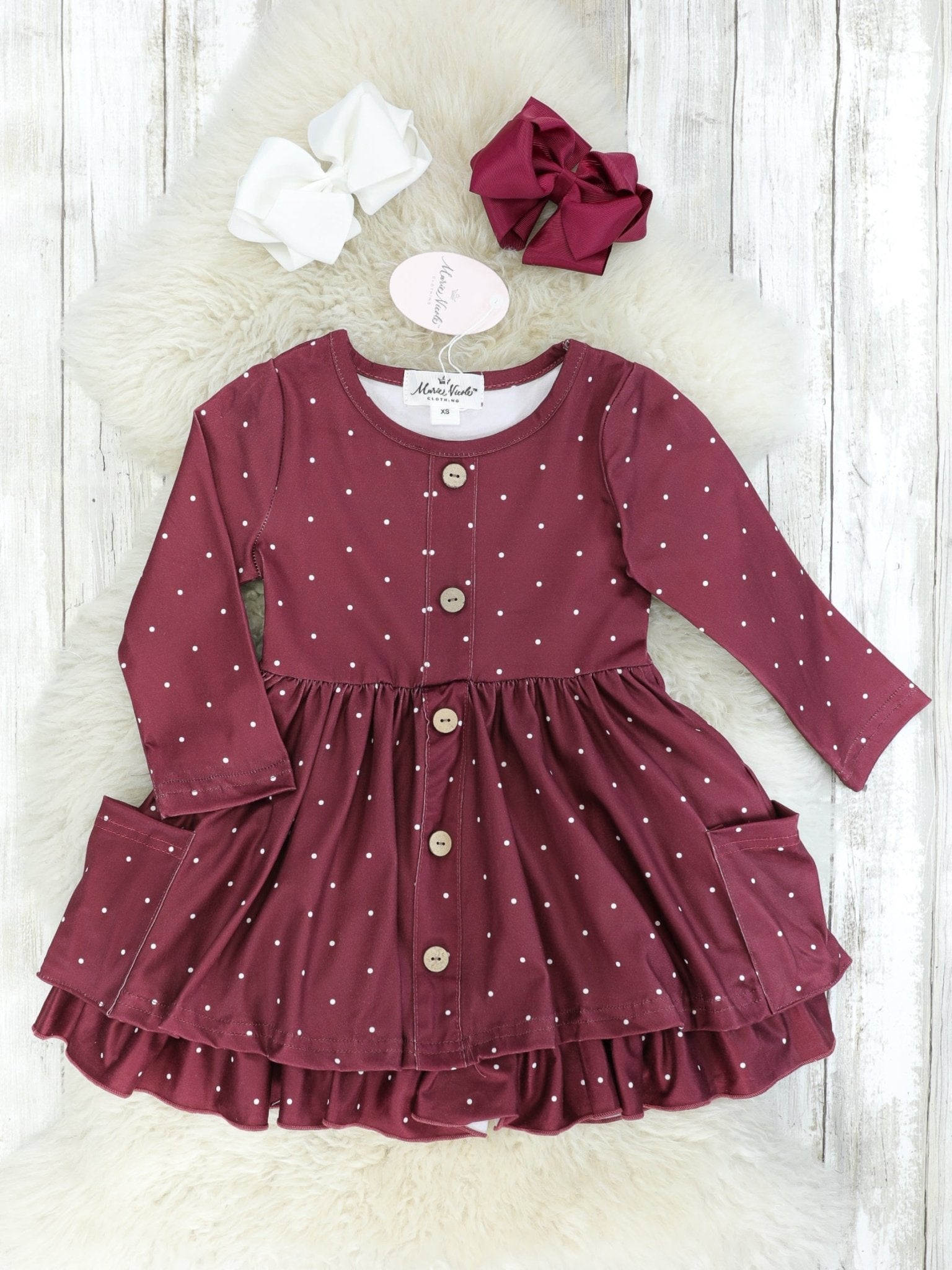 Maroon Polka Dot Pocket Ruffle Dress - Marie Nicole Clothing