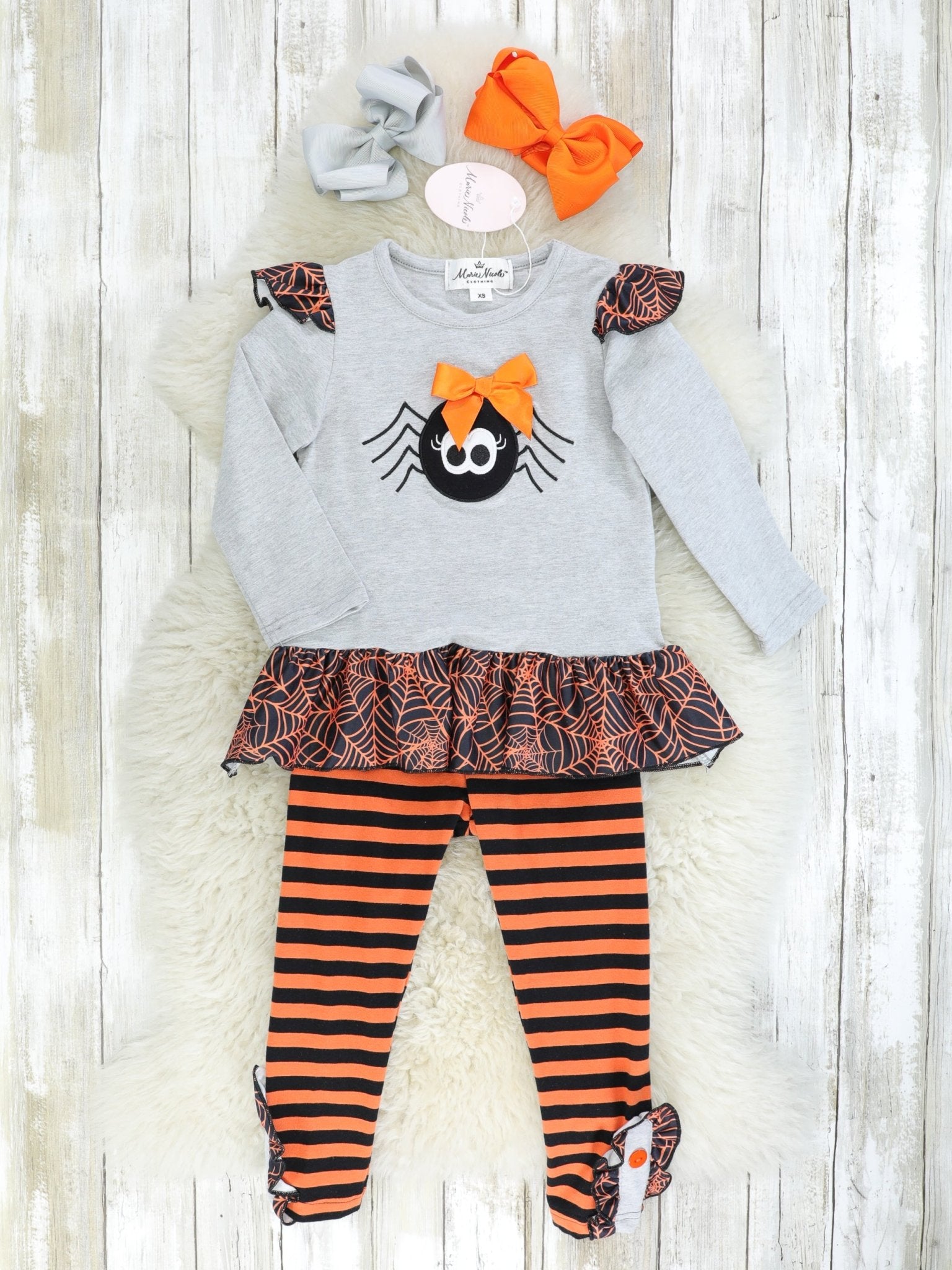 Orange & Black Spider Web Ruffle Outfit - Marie Nicole Clothing