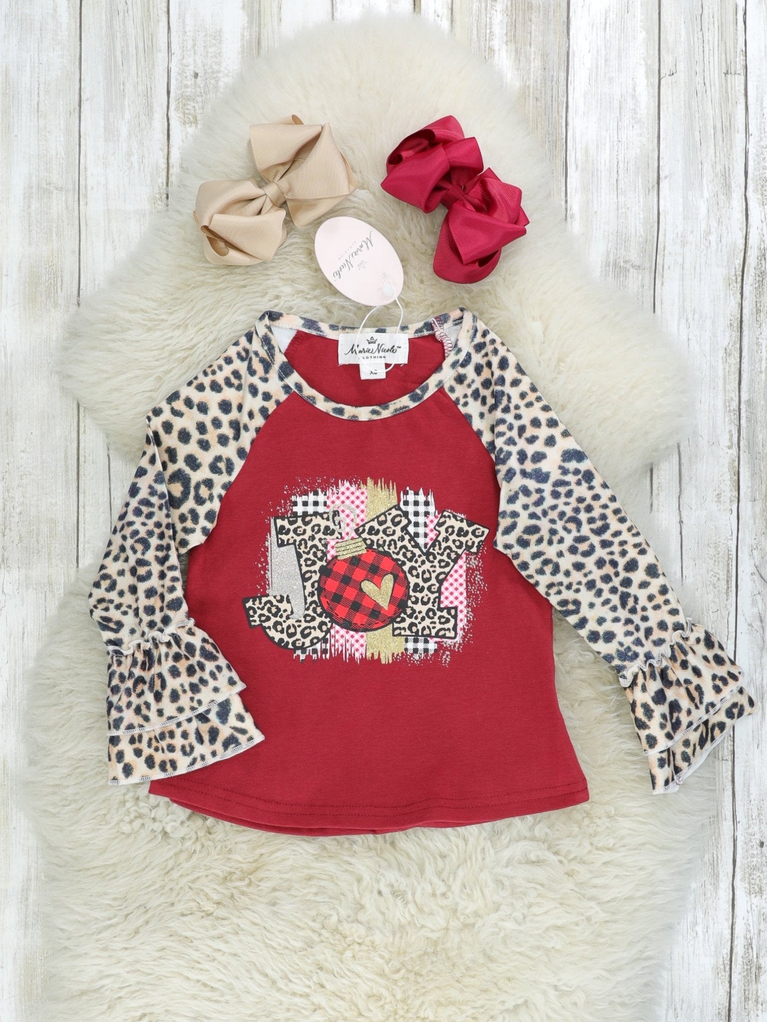 Burgundy "Joy" Leopard Ruffle Raglan Shirt - Marie Nicole Clothing