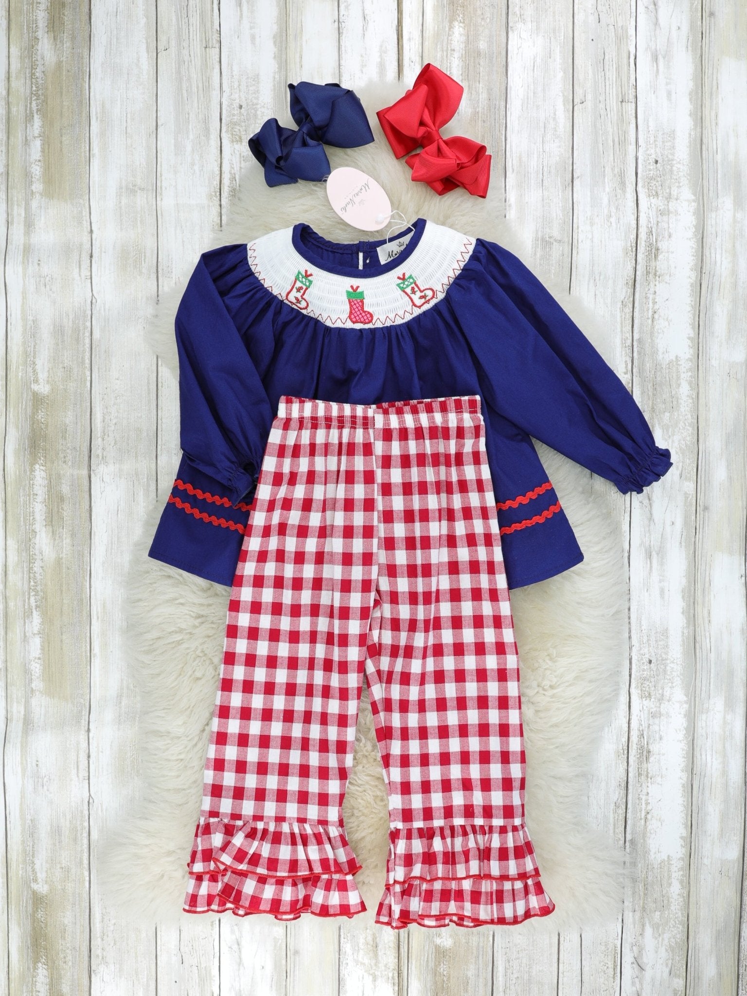 Navy Stocking & Red Gingham Smocked Ruffle Outfit - Marie Nicole Clothing