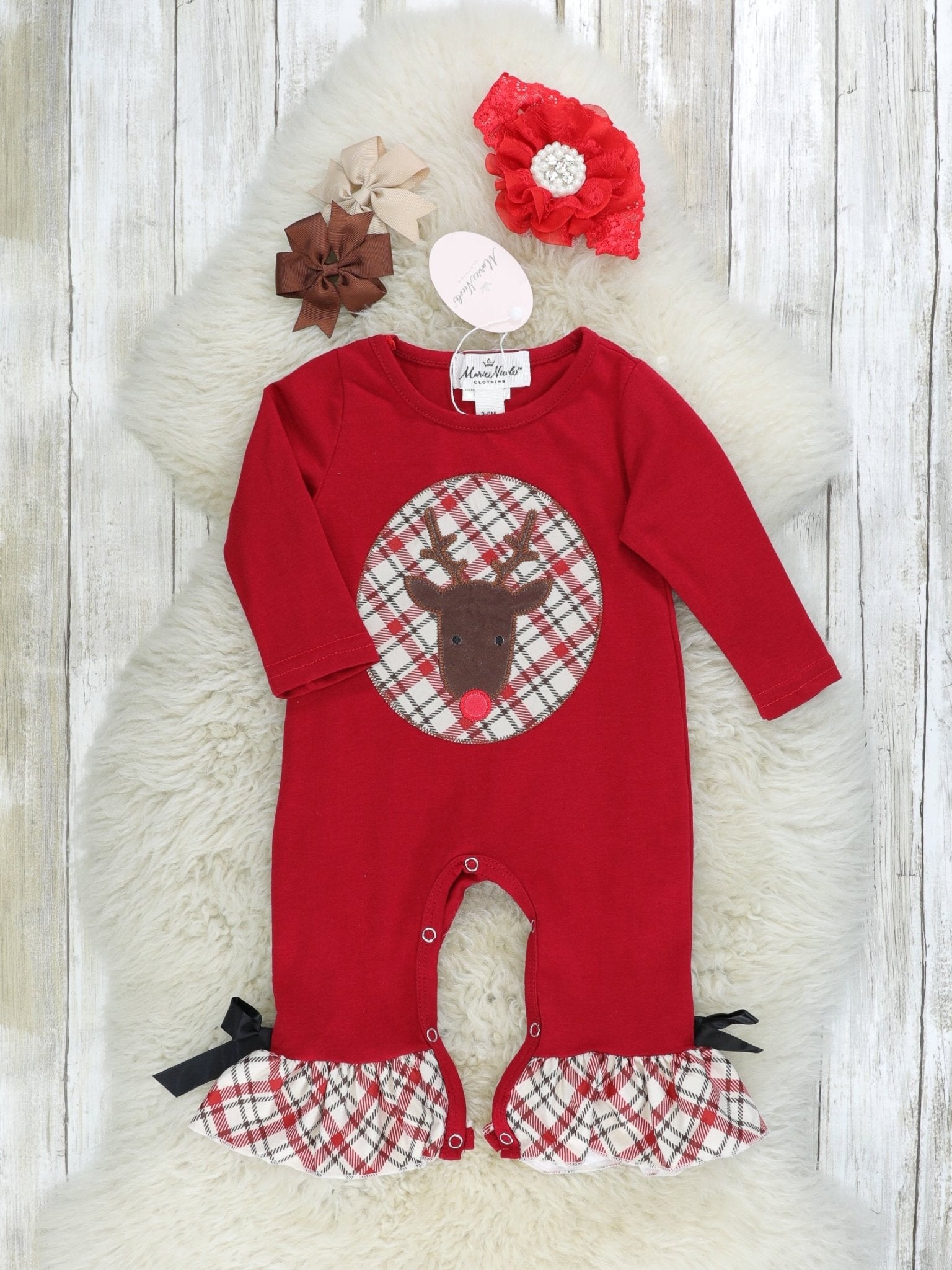 Red Plaid Reindeer Ruffle Romper - Marie Nicole Clothing