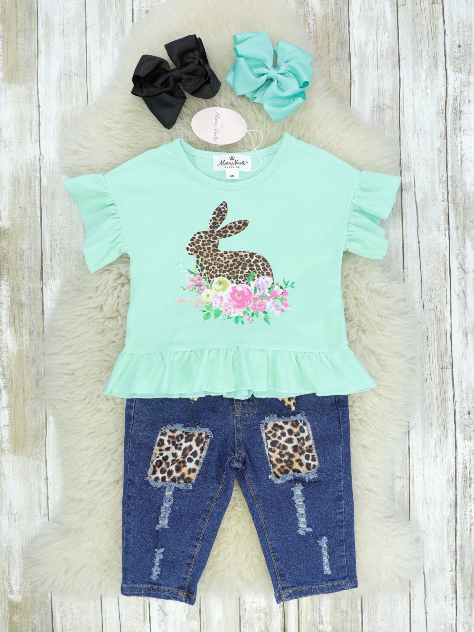 Mint Leopard Bunny Denim Outfit - Marie Nicole Clothing