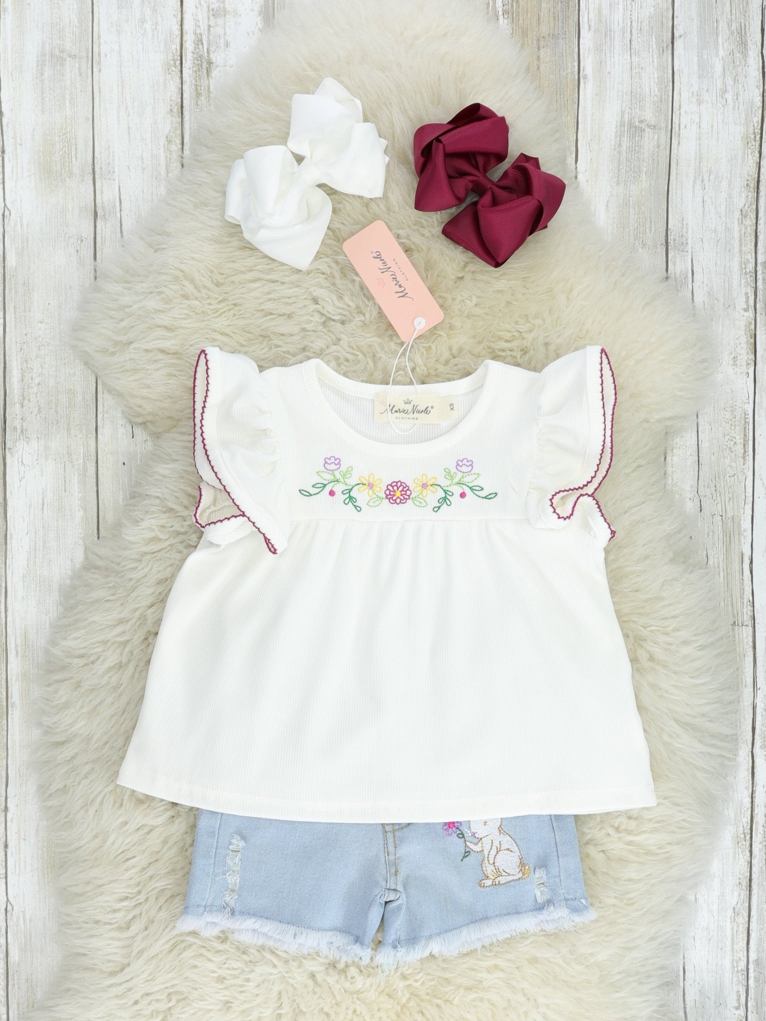 White Ruffle Tunic & Denim Bunny Shorts Outfit - Marie Nicole Clothing