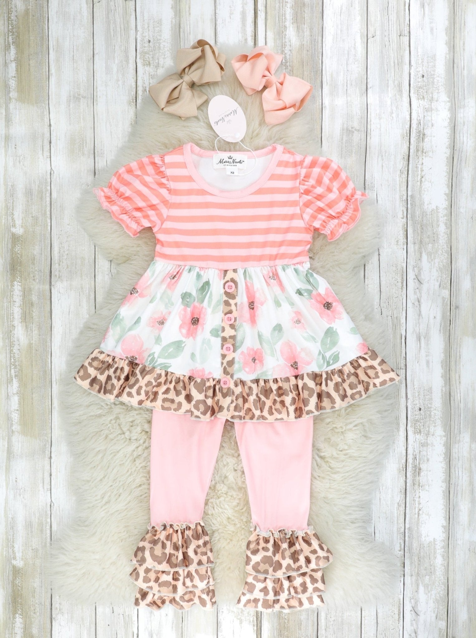 Peach Floral Leopard Ruffle Outfit - Marie Nicole Clothing