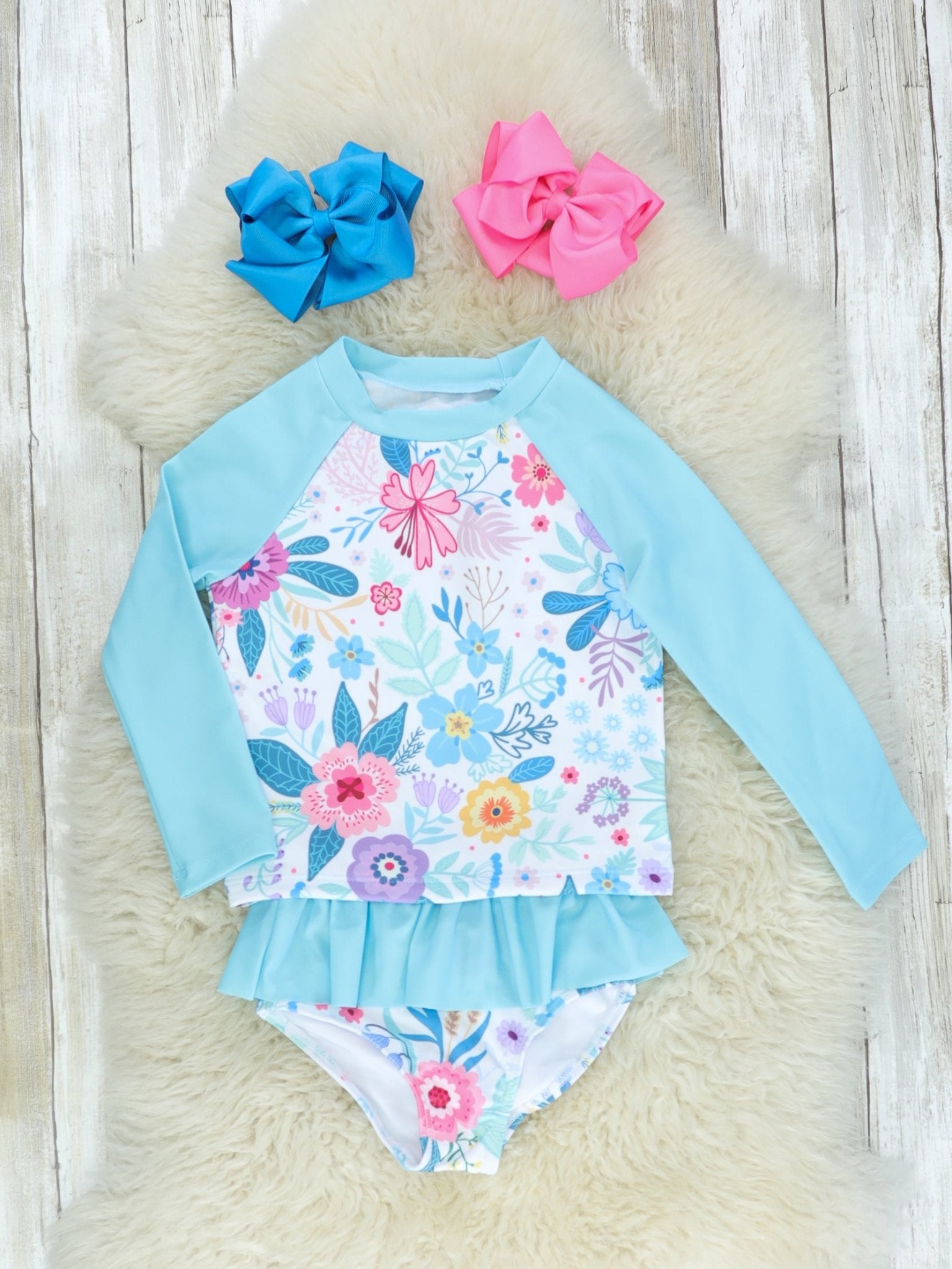 Blue Floral Rash Guard Ruffle Swimsuit - Marie Nicole Clothing