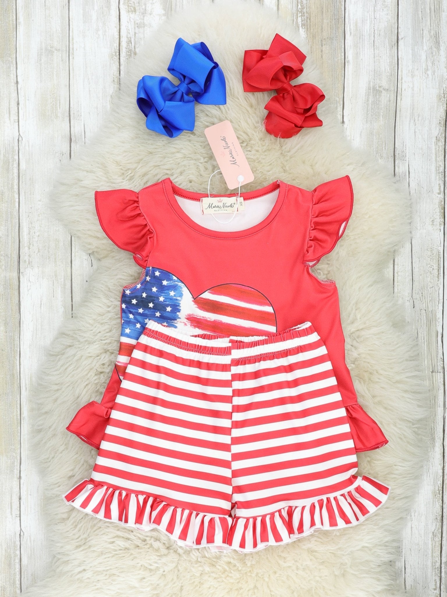 Patriotic Stripe Heart Ruffle Outfit - Marie Nicole Clothing