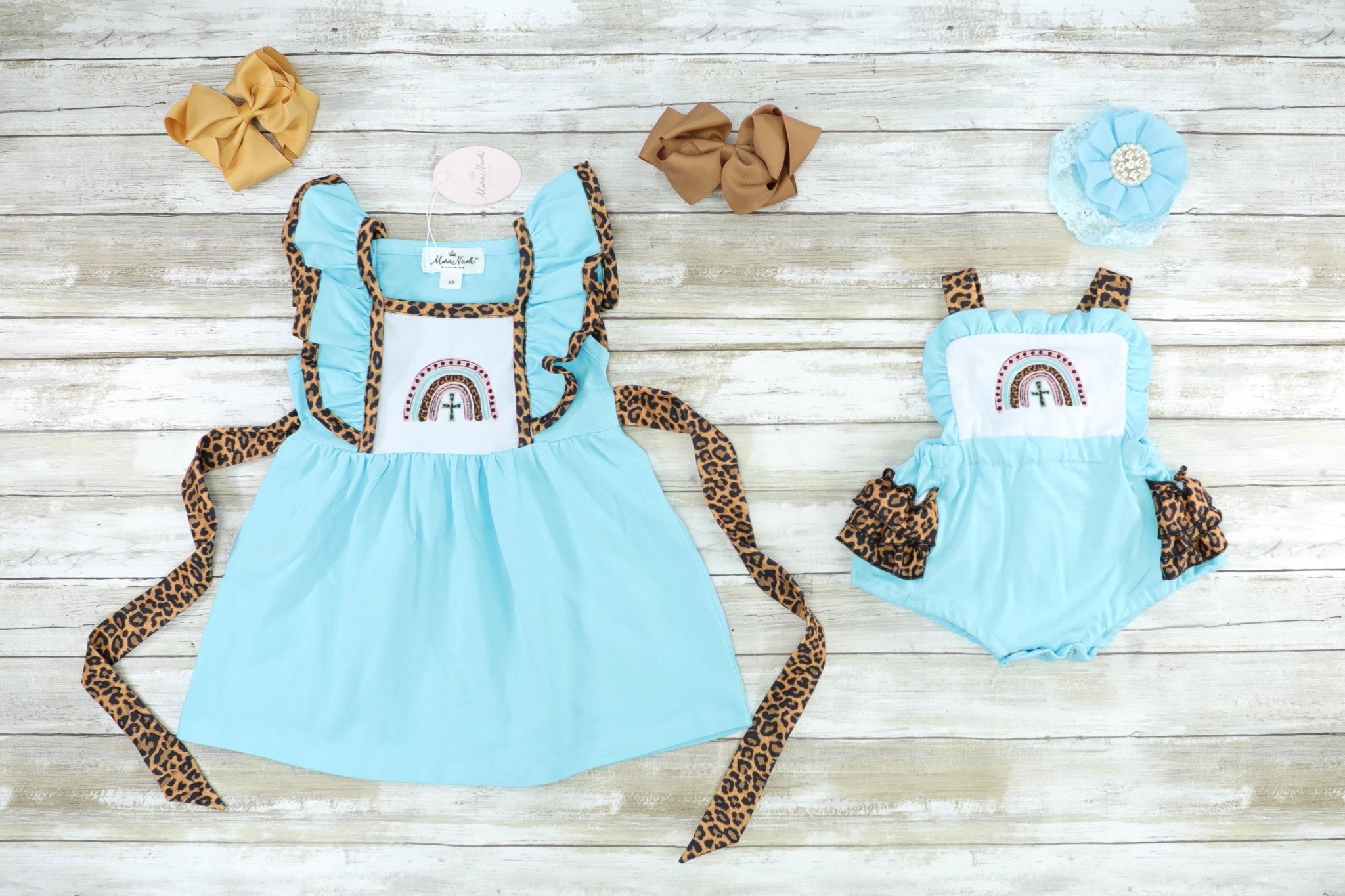 Blue Rainbow Cross Apron Bubble Romper - Marie Nicole Clothing