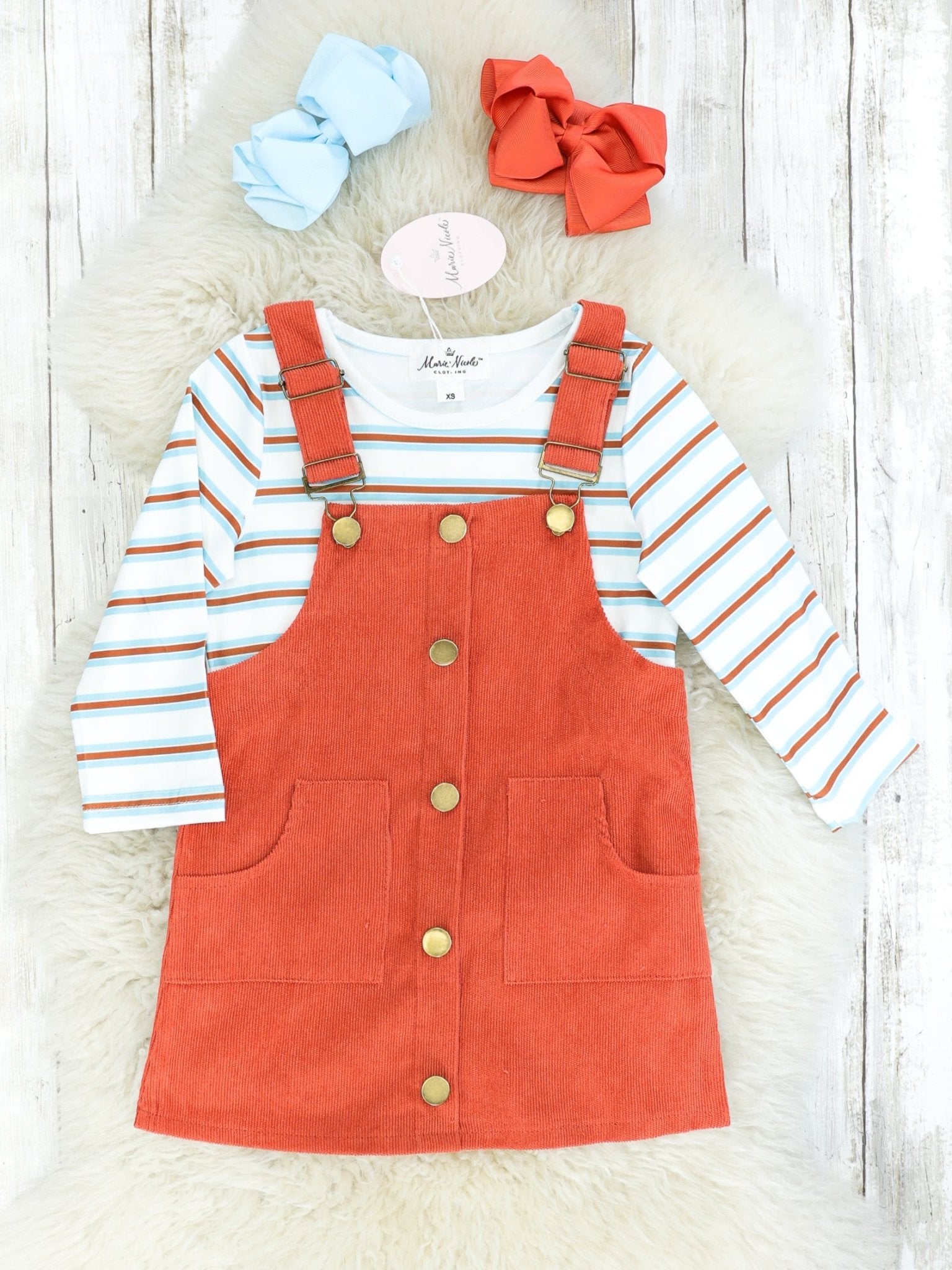 Striped Long Sleeve Top & Pocket Overall Dress Outfit - Marie Nicole Clothing