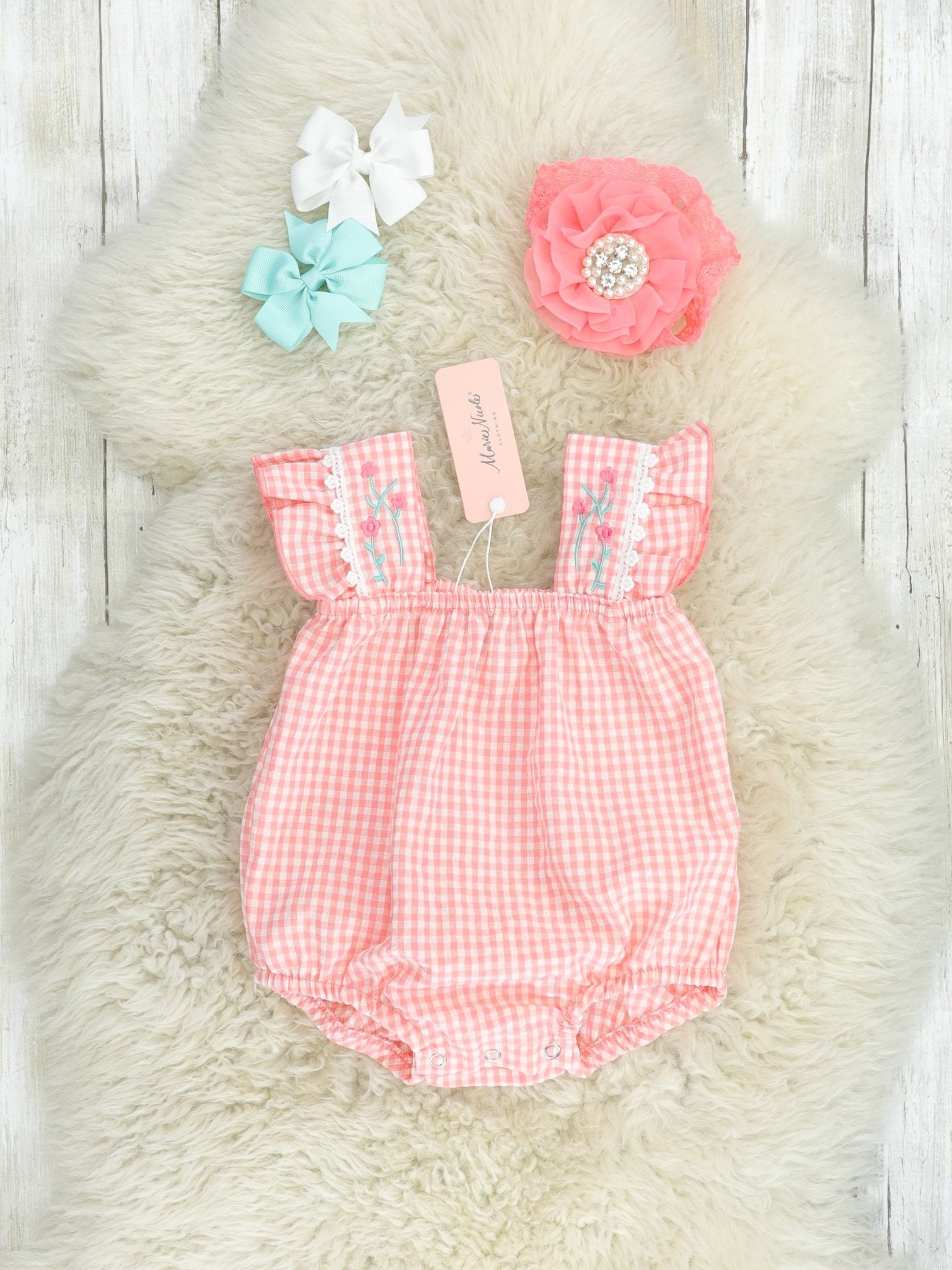 Coral Gingham Rose Flutter Sleeve Bubble Romper - Marie Nicole Clothing