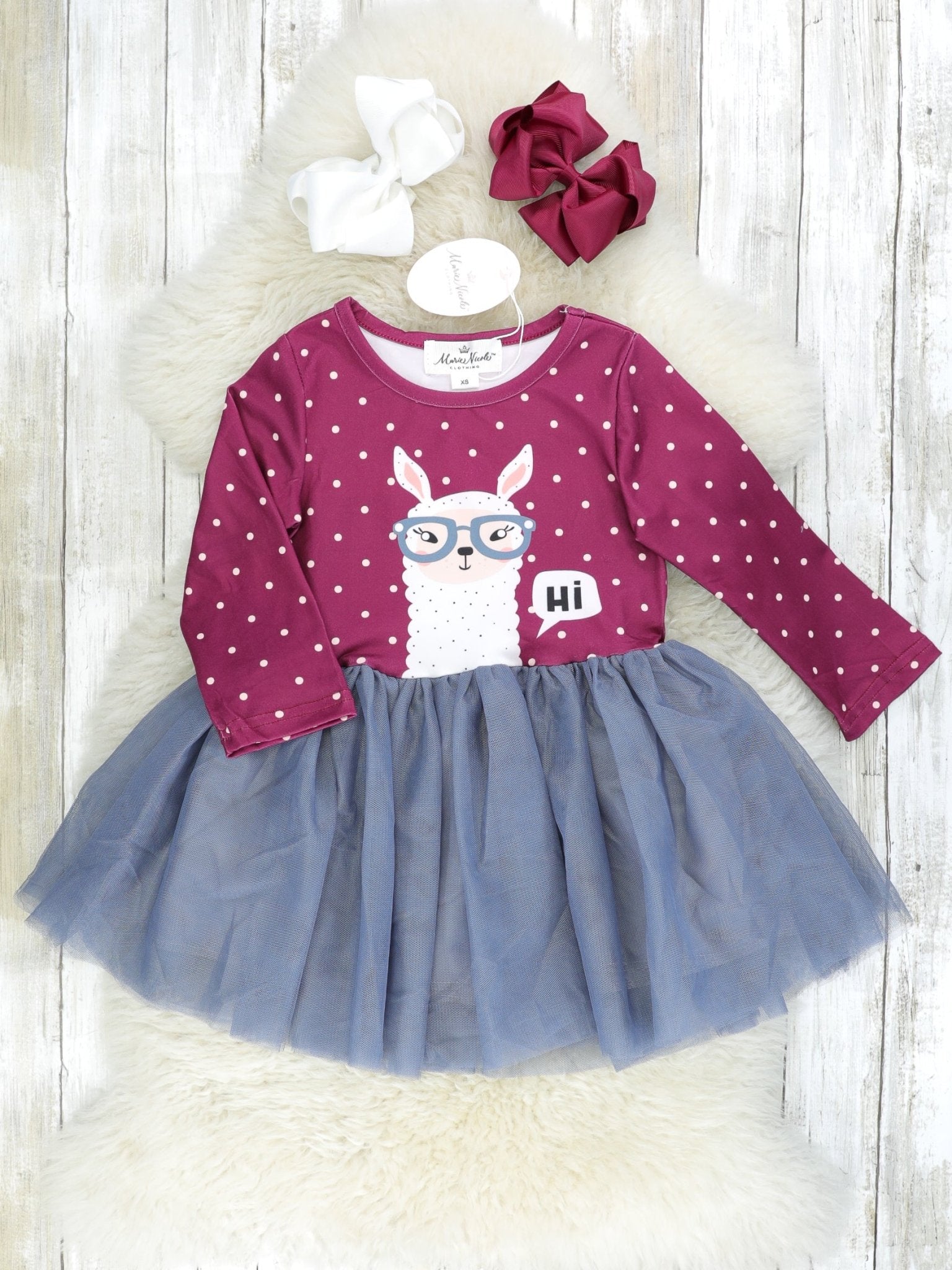 Mulberry & Pink Polka Dot "Hi" Llama Tulle Dress - Marie Nicole Clothing