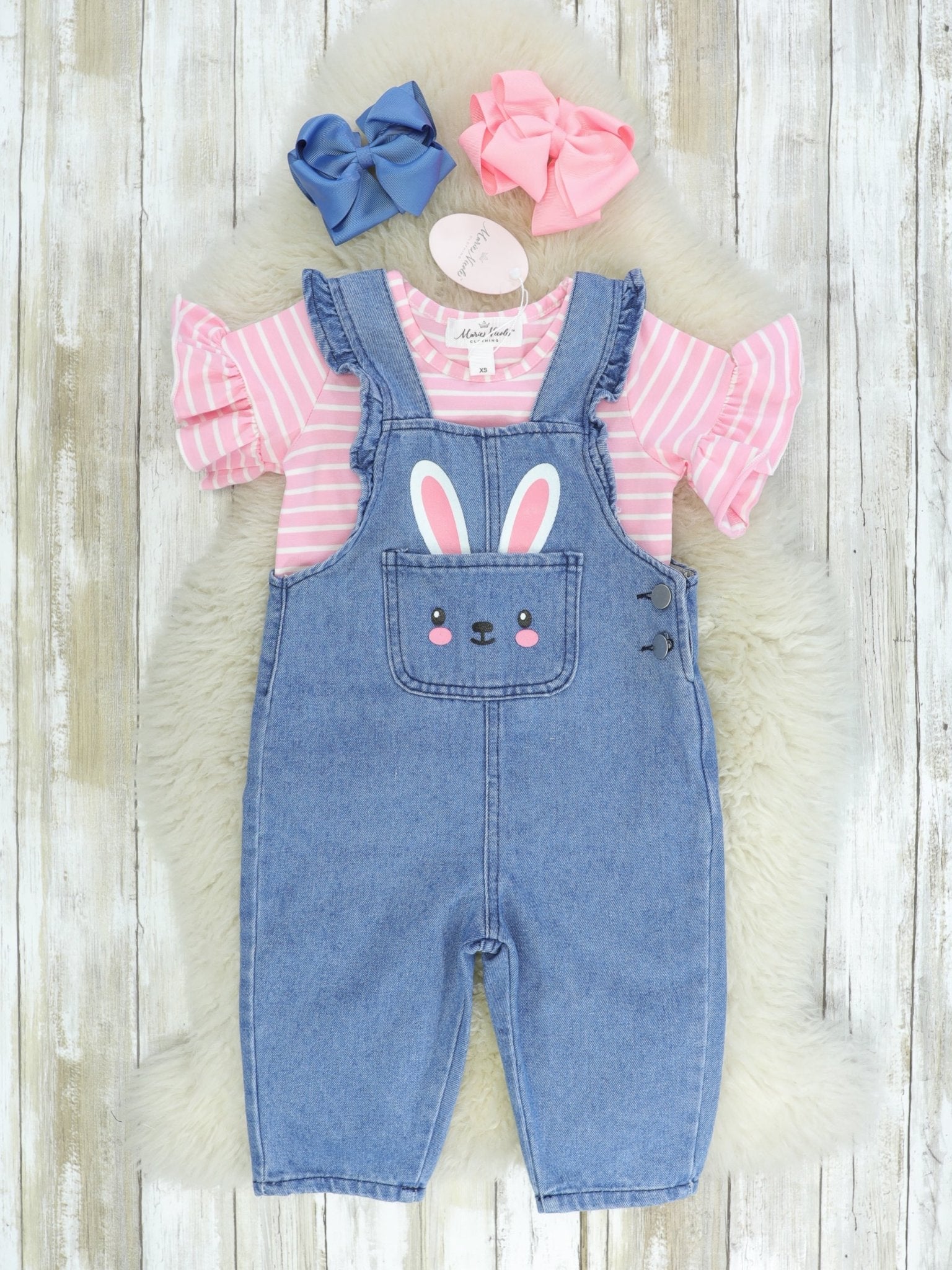 Pink Striped Shirt & Bunny Denim Overall - Marie Nicole Clothing
