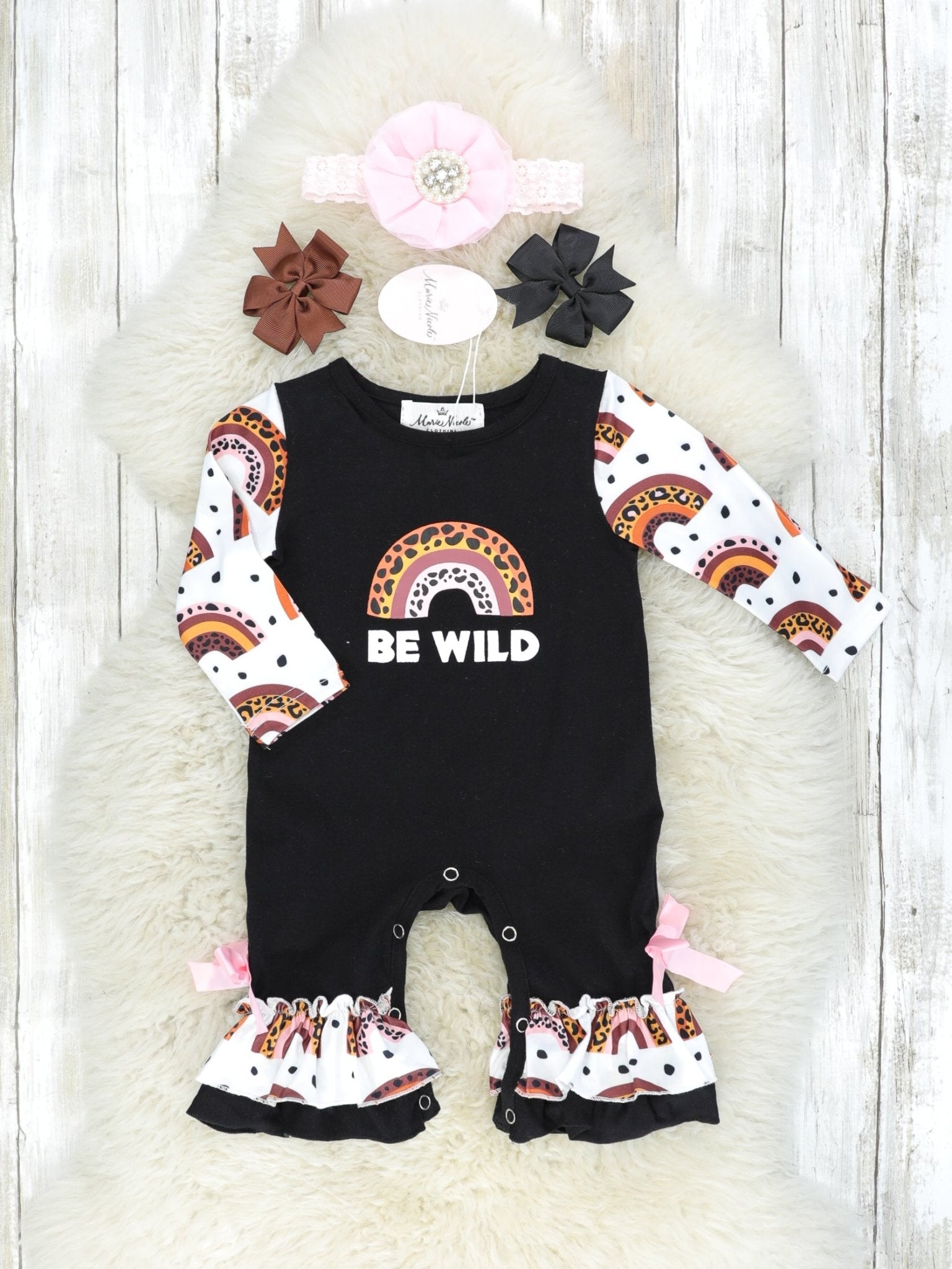 "Be Wild" Animal Print Rainbow Ruffle Romper - Marie Nicole Clothing