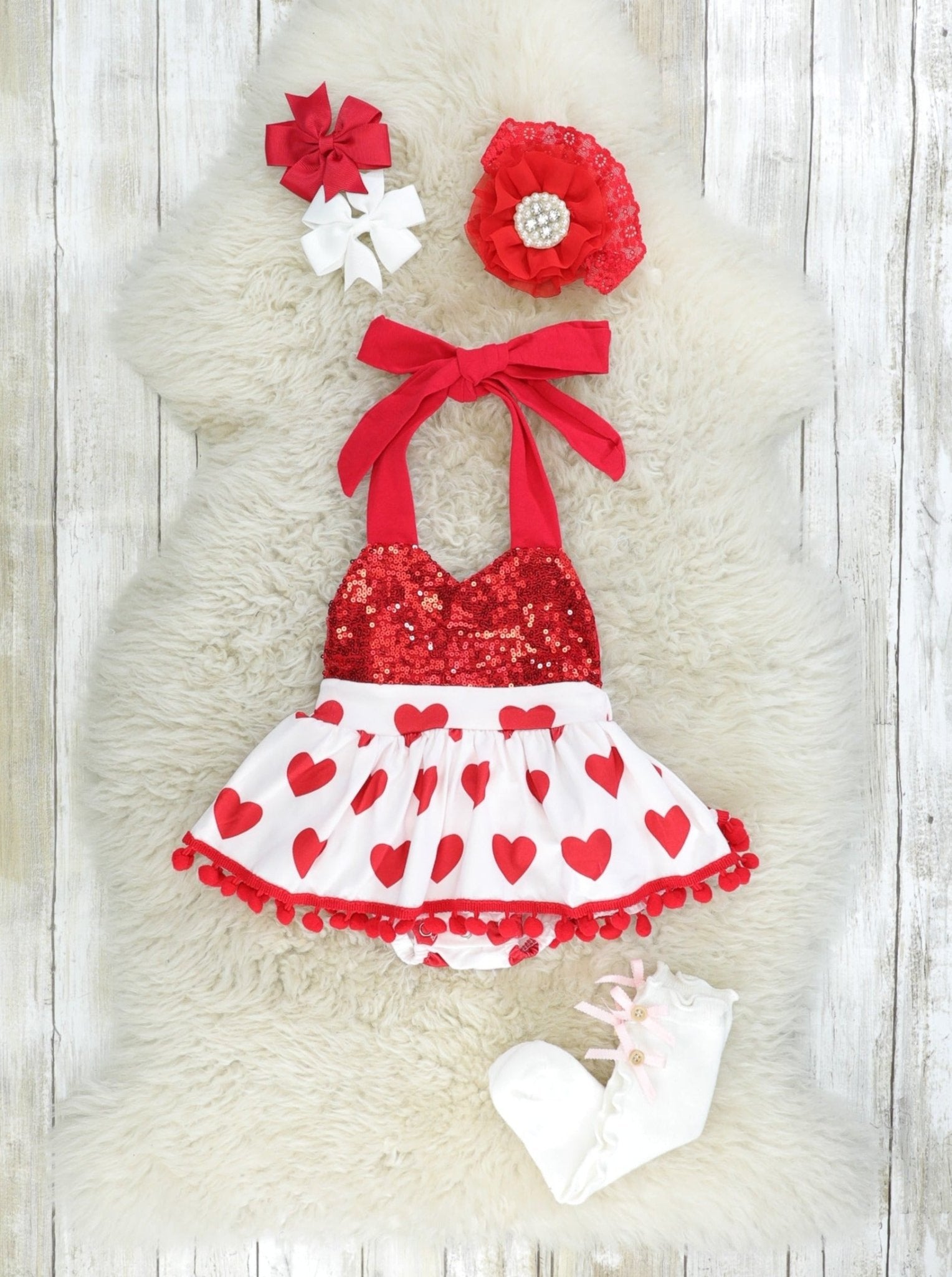 Sparkly Red Heart Tie Dressy Romper - Marie Nicole Clothing