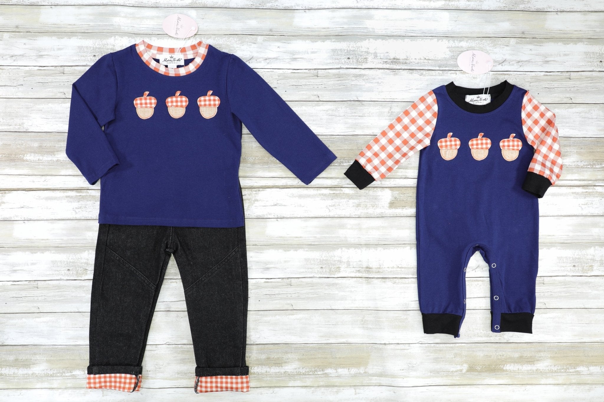 Brown Gingham Acorn Denim Outfit - Marie Nicole Clothing