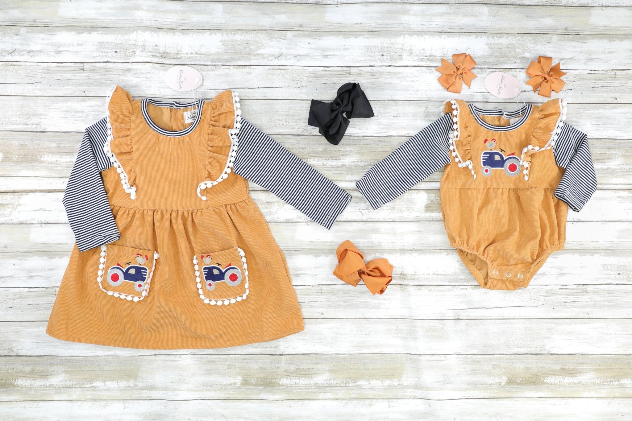Striped Camel Tractor Ruffle Pocket Dress - Marie Nicole Clothing