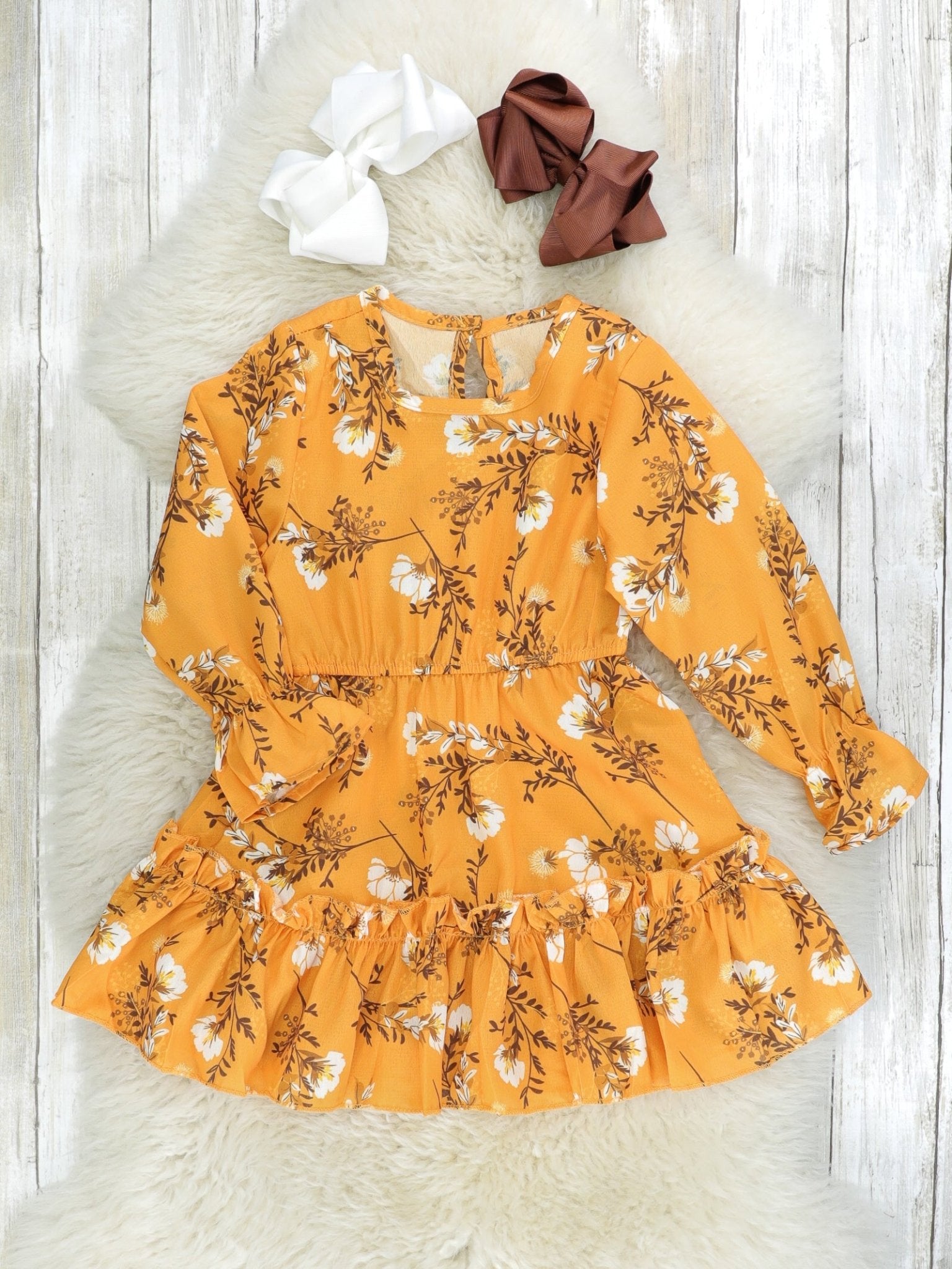 Camel Floral Ruffle Dress - Marie Nicole Clothing