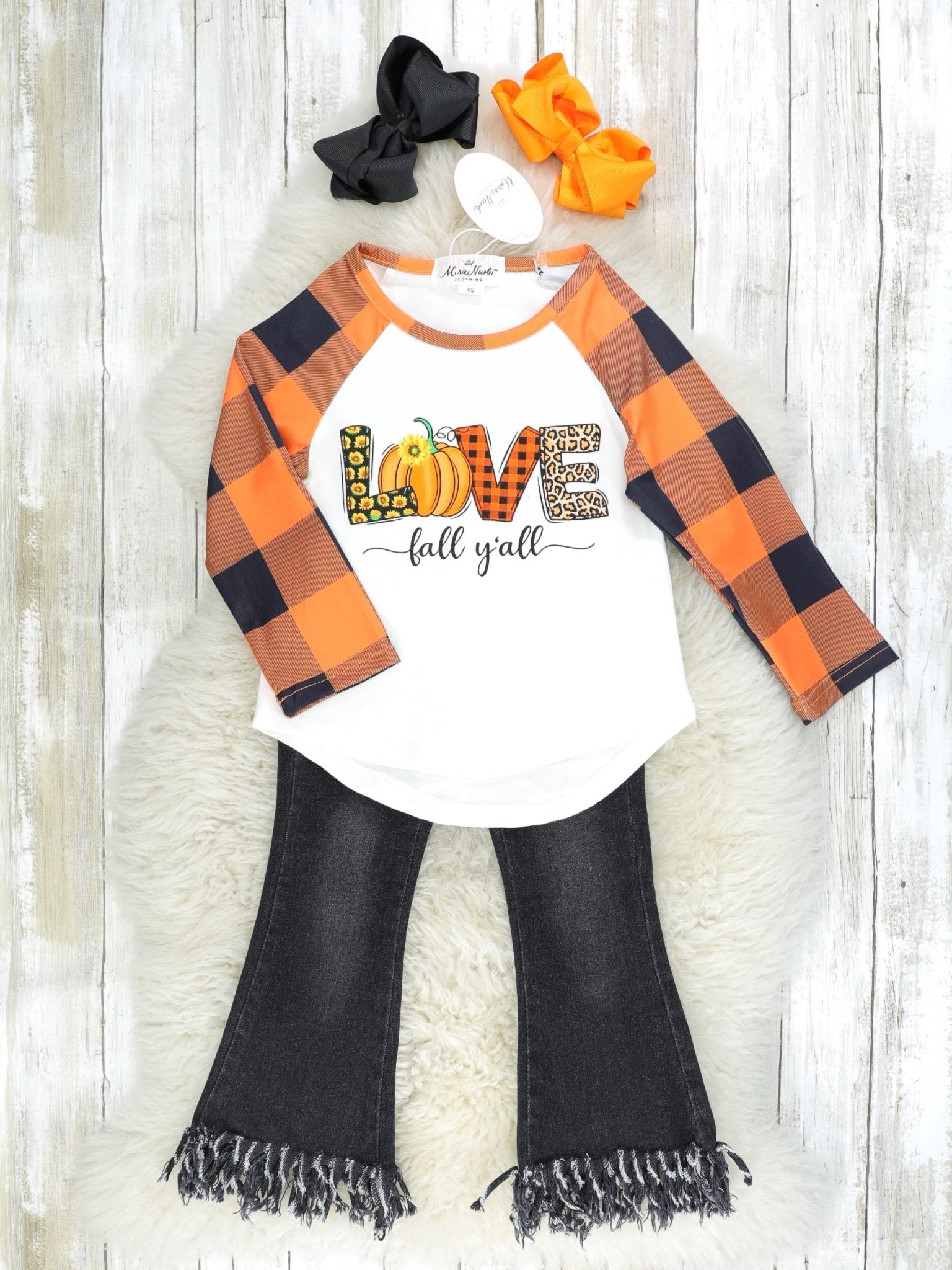 "Love Fall Y'all" Top & Denim Fringe Outfit - Marie Nicole Clothing