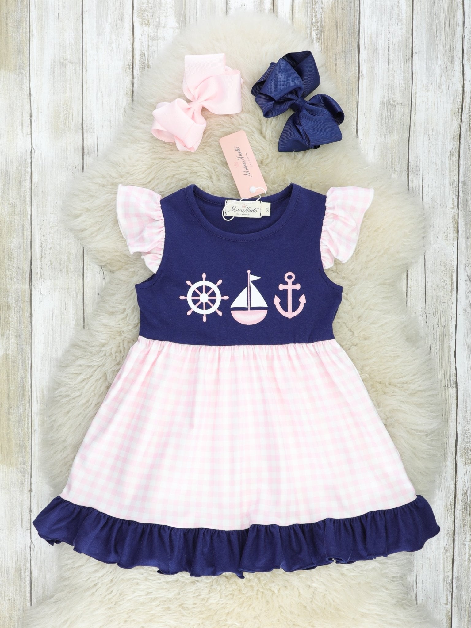 Gingham Sailboat Ruffle Dress - Marie Nicole Clothing
