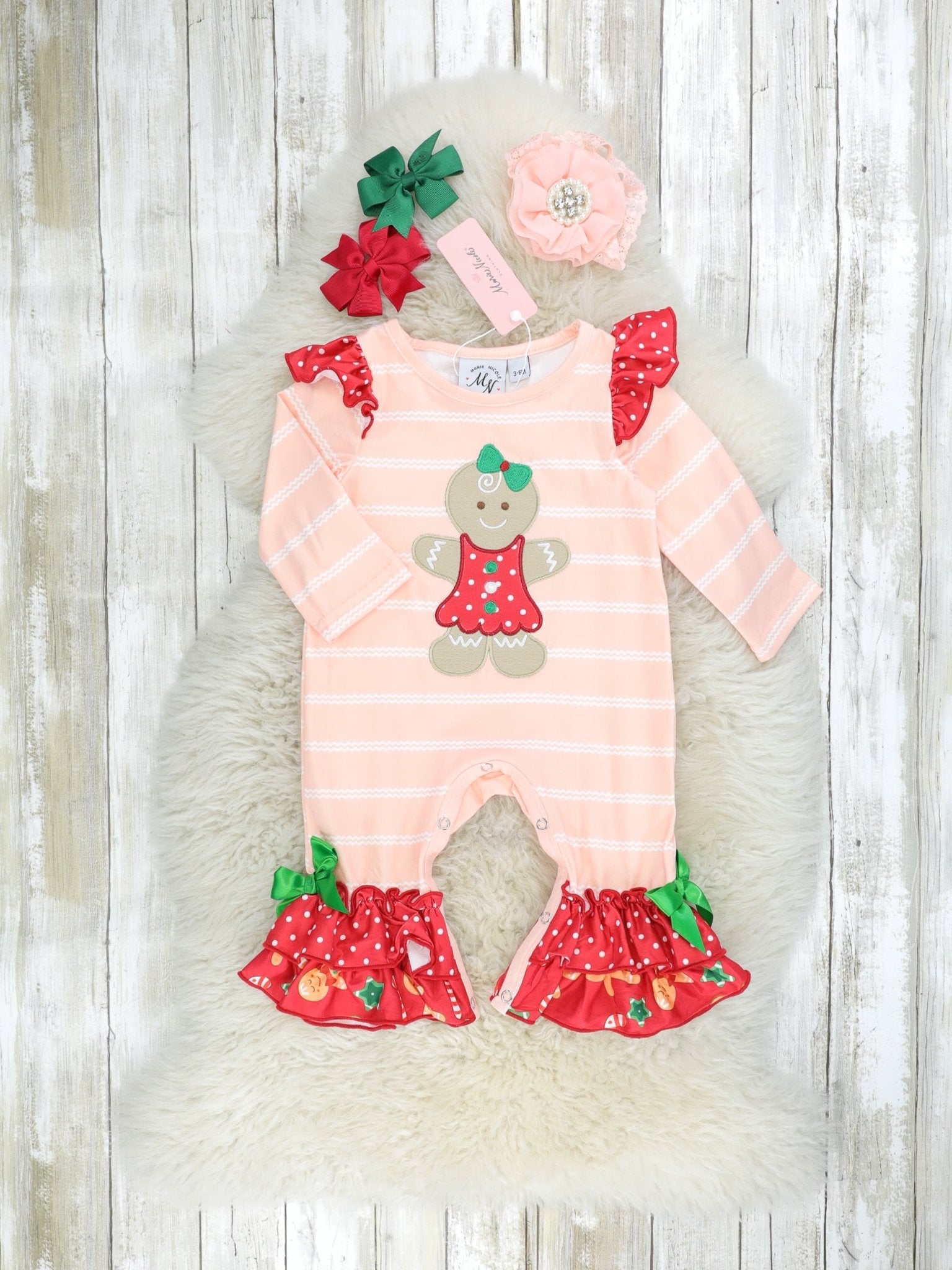 Peach Gingerbread Ruffle Romper - Marie Nicole Clothing
