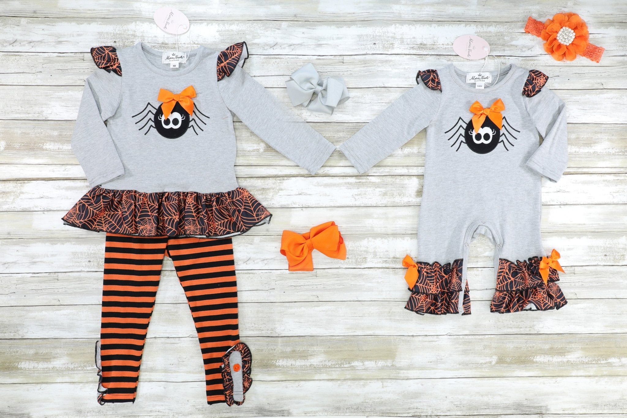 Orange & Black Spider Web Ruffle Romper - Marie Nicole Clothing