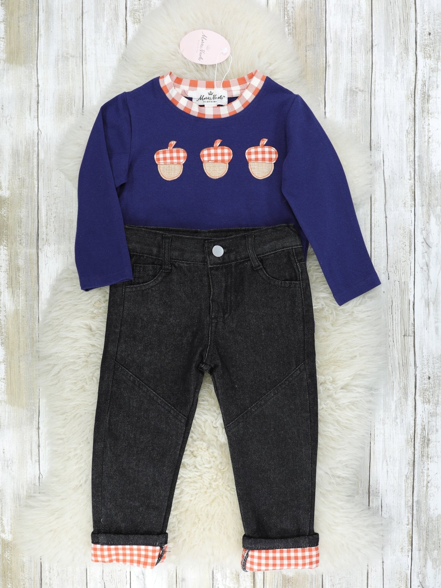 Brown Gingham Acorn Denim Outfit - Marie Nicole Clothing