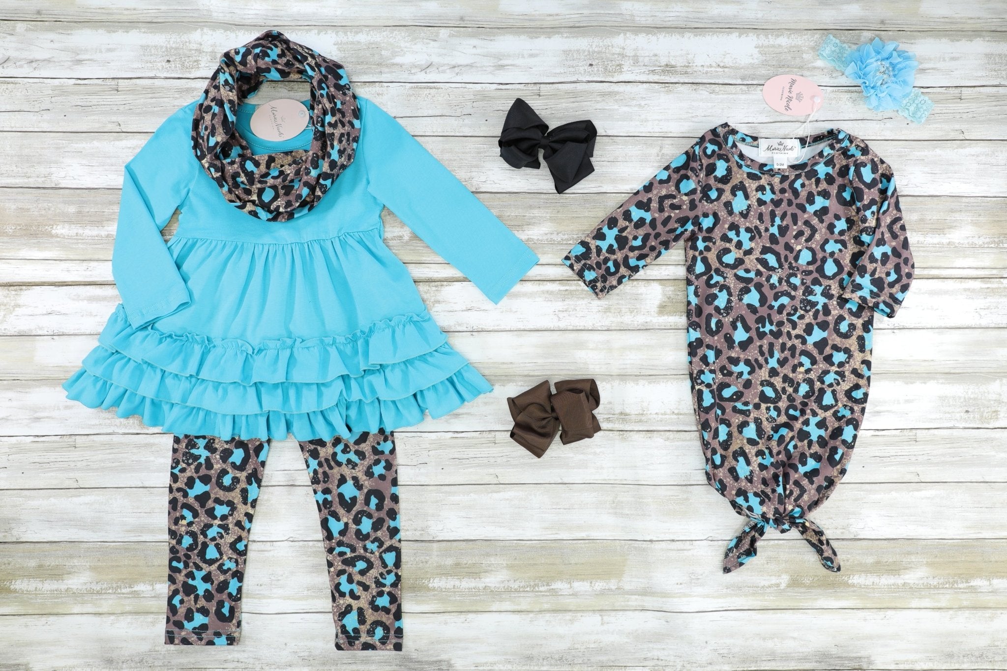 Bright Blue Leopard Ruffle 3 - Piece Outfit - Marie Nicole Clothing