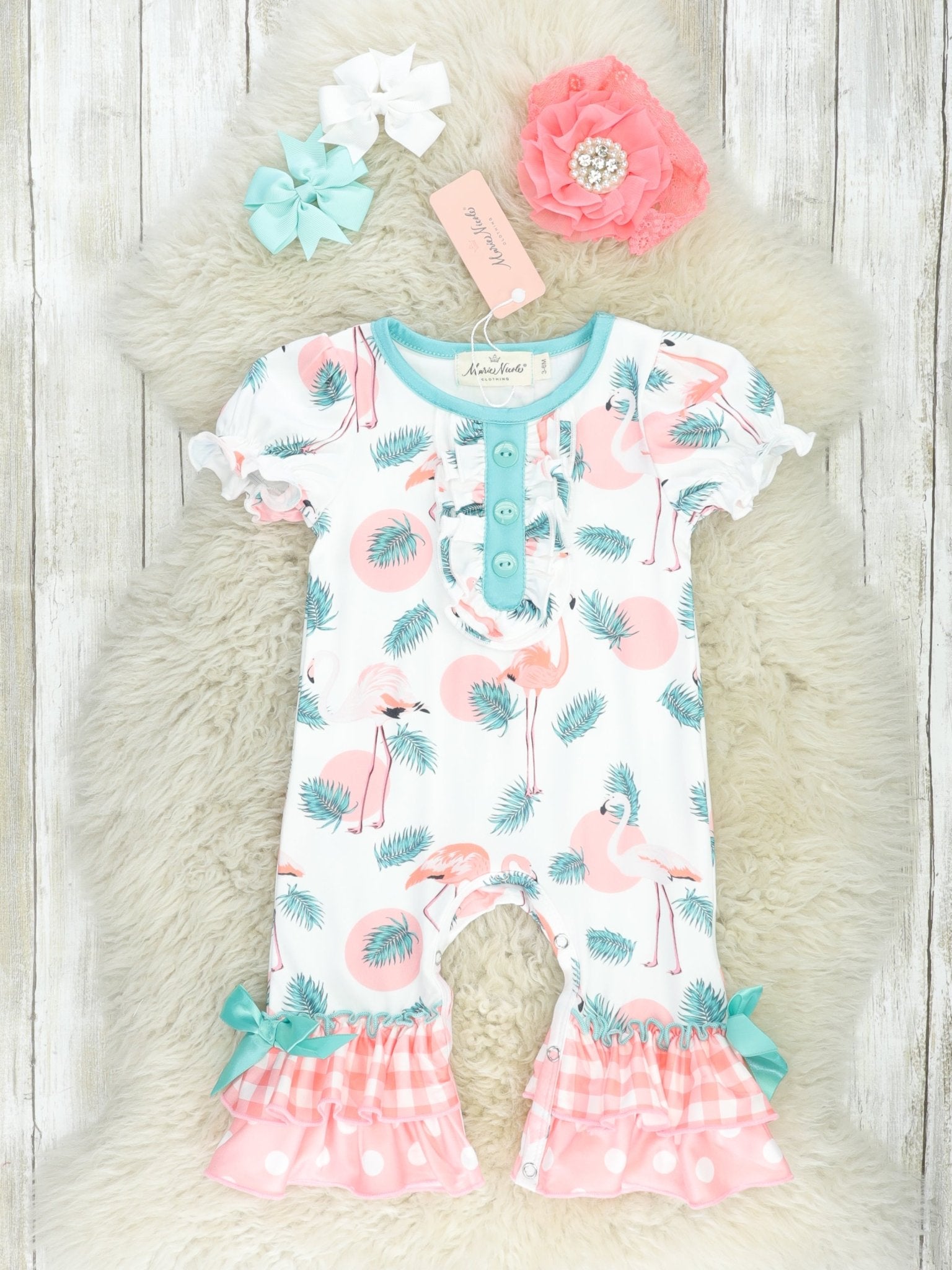Coral Gingham Flamingo Ruffle Romper - Marie Nicole Clothing