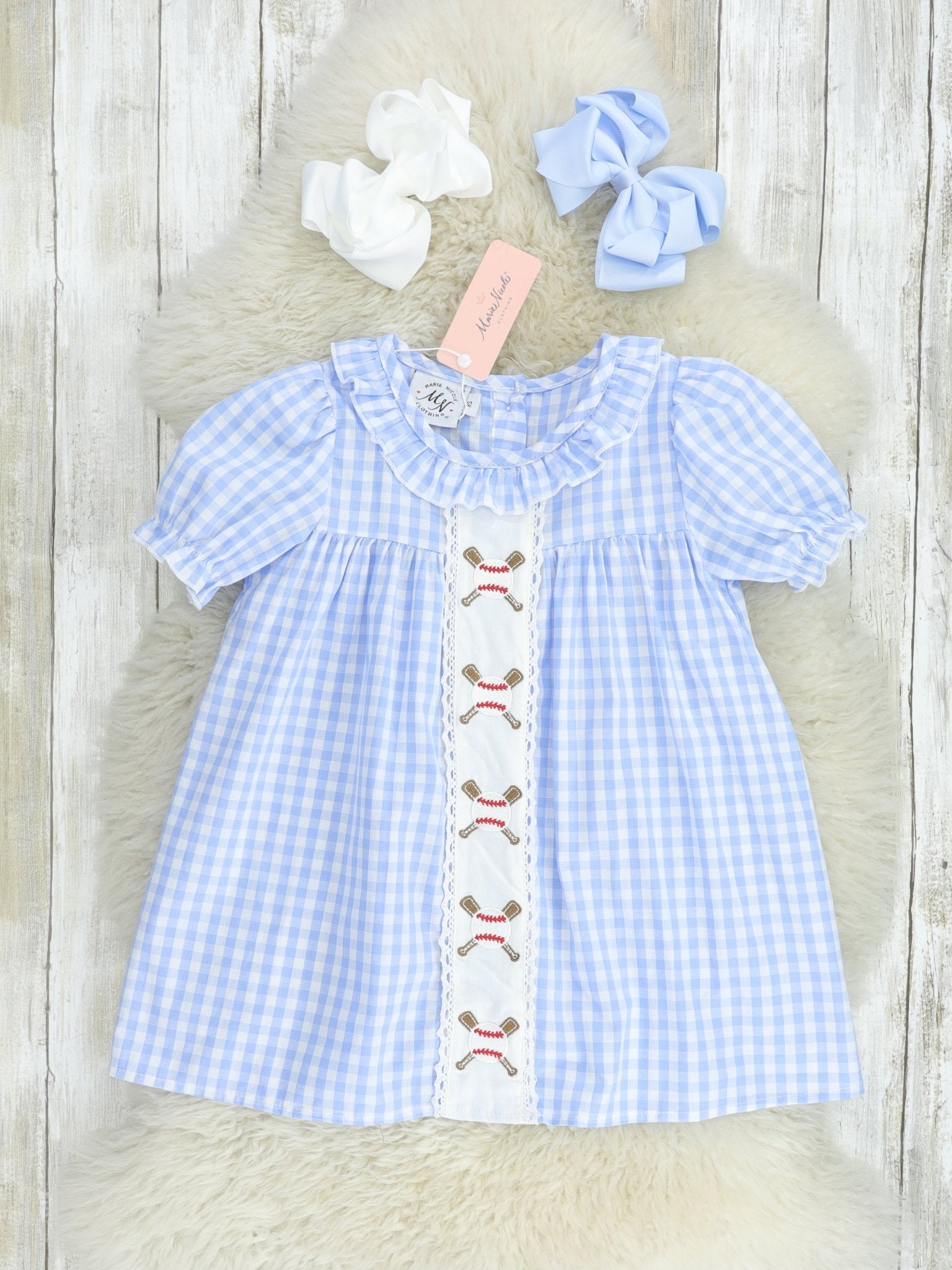 Blue Gingham Baseball Ruffle Dress - Marie Nicole Clothing