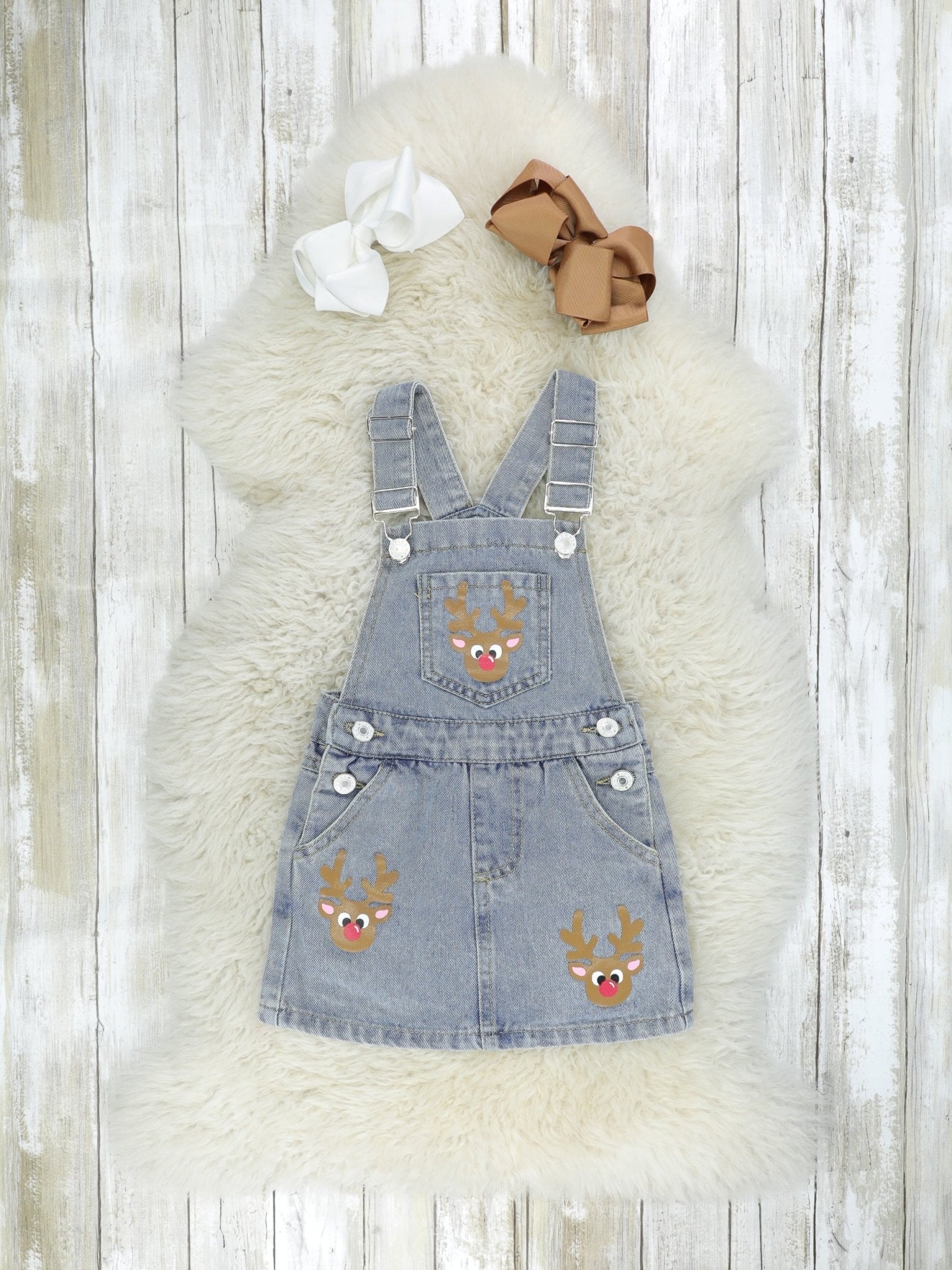 Brown Striped Shirt & Denim Reindeer Overall Dress Set - Marie Nicole Clothing