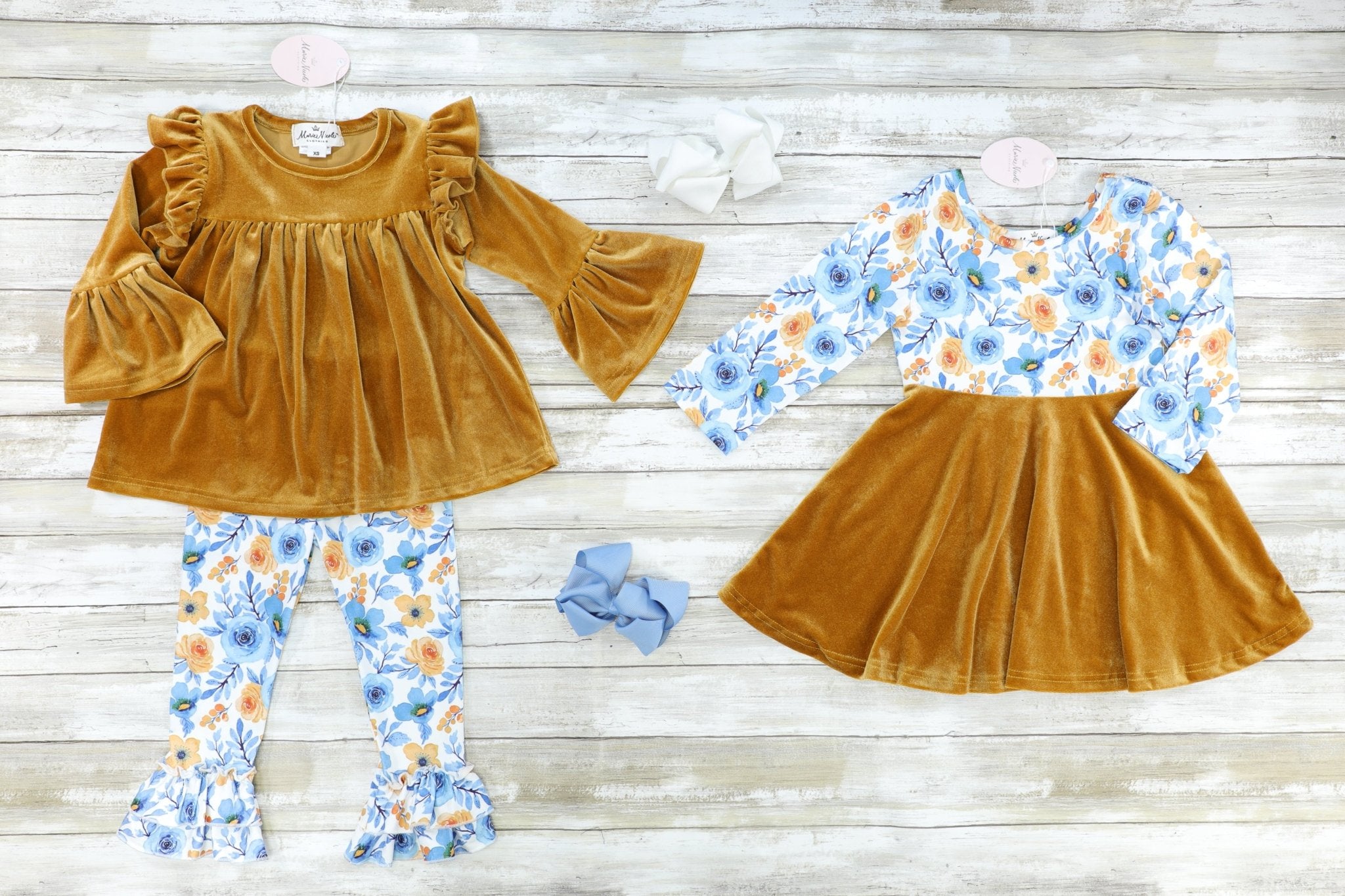 Golden Velvet & Blue Floral Swing Dress - Marie Nicole Clothing