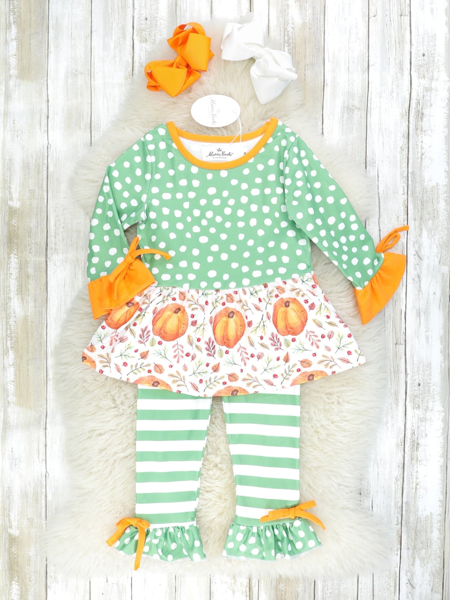 Green Floral Pumpkin Top & Striped Ruffle Bottoms Outfit - Marie Nicole Clothing