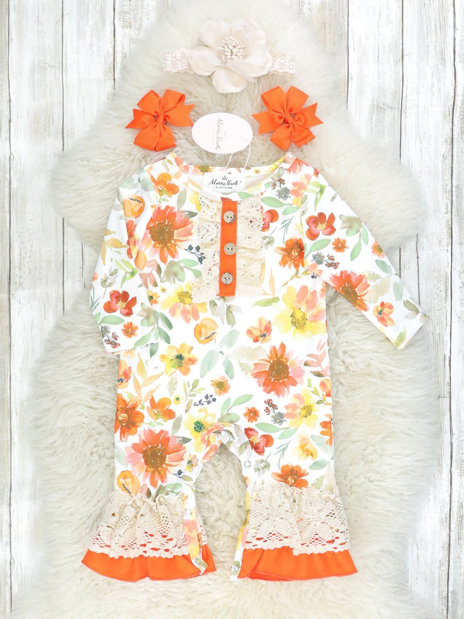 Orange Watercolor Floral Crotchet Lace Ruffle Romper - Marie Nicole Clothing