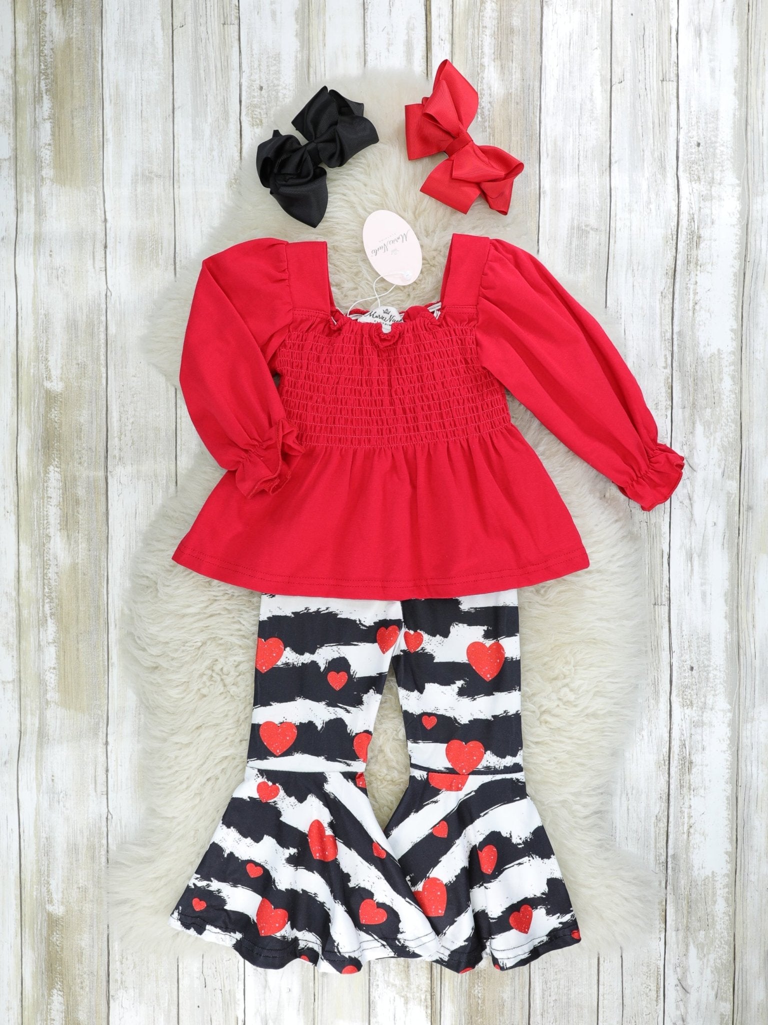 Red Puff Sleeve Top & Striped Heart Bell Bottom Outfit - Marie Nicole Clothing