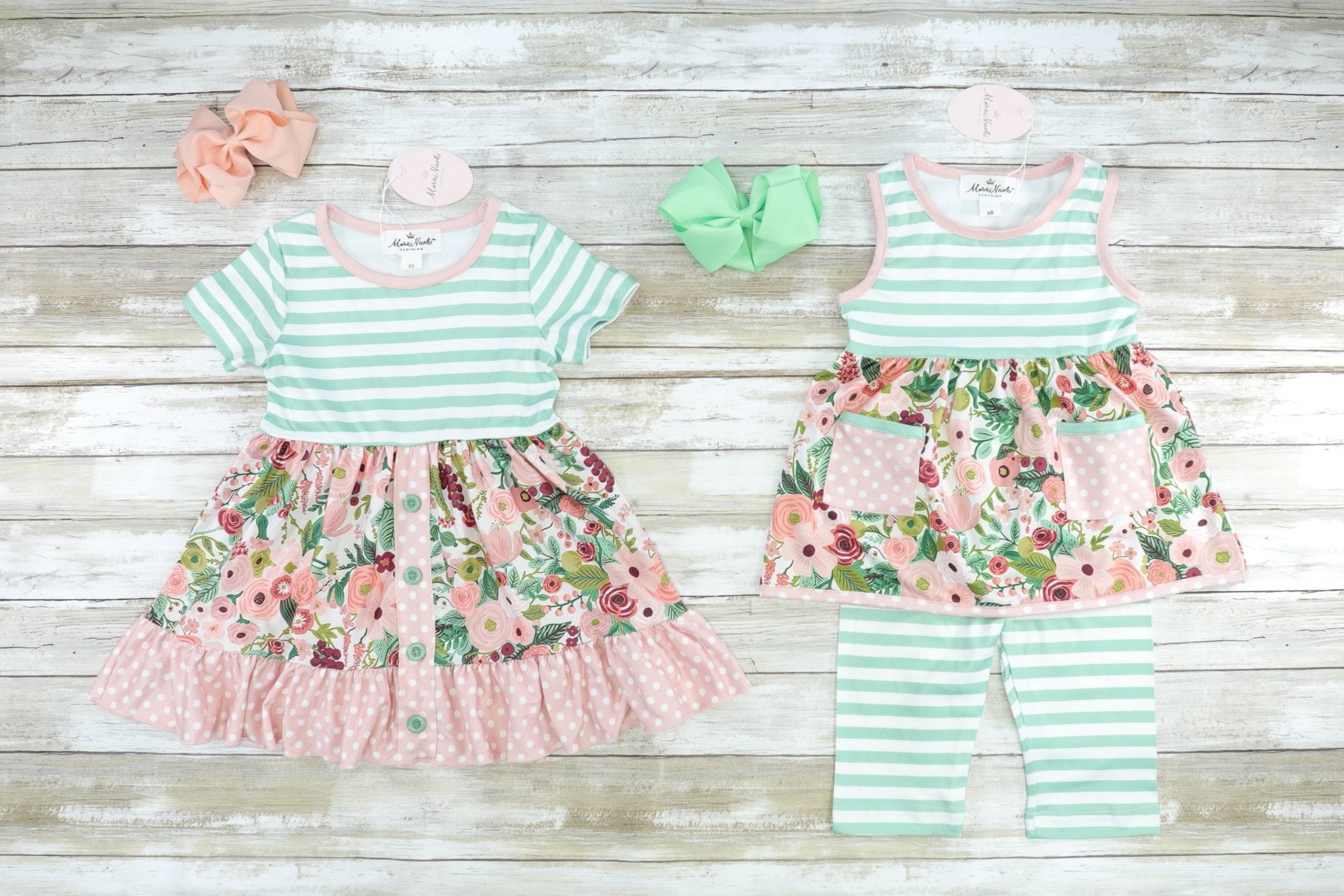 Light Green Striped Floral Outfit - Marie Nicole Clothing