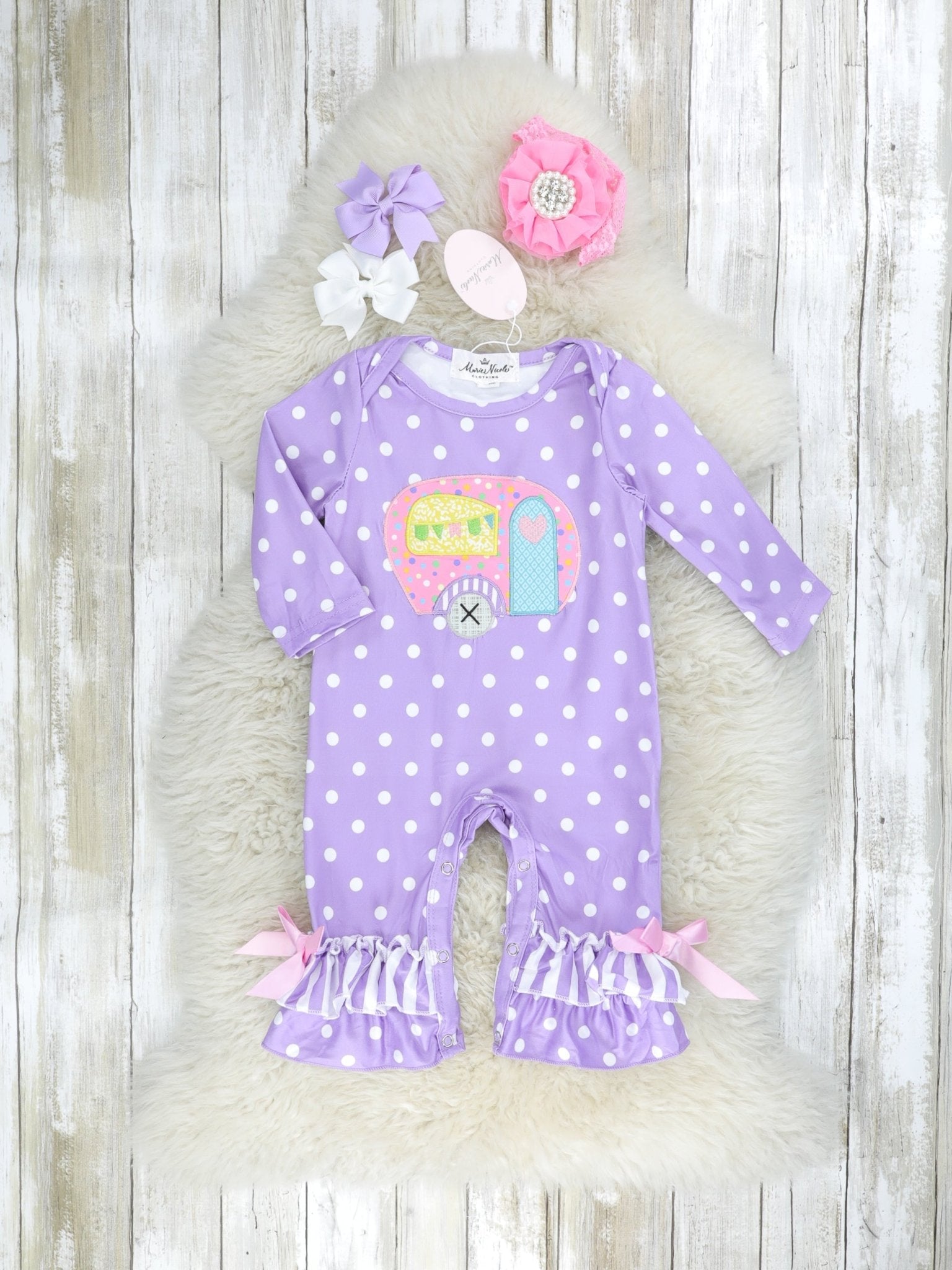 Purple Polka Dot Camper Ruffle Romper - Marie Nicole Clothing