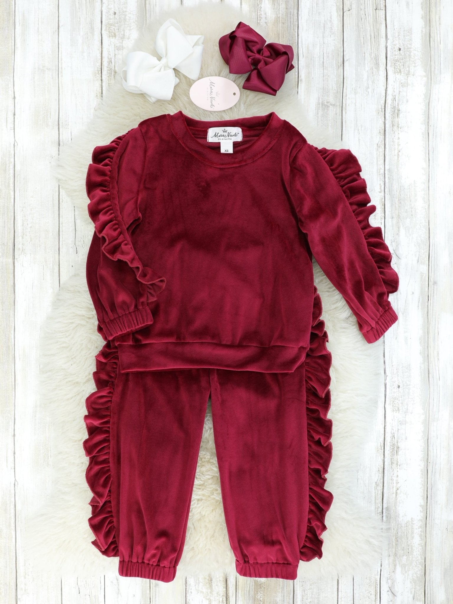 Burgundy Velvet Ruffle Pullover & Jogger Outfit - Marie Nicole Clothing