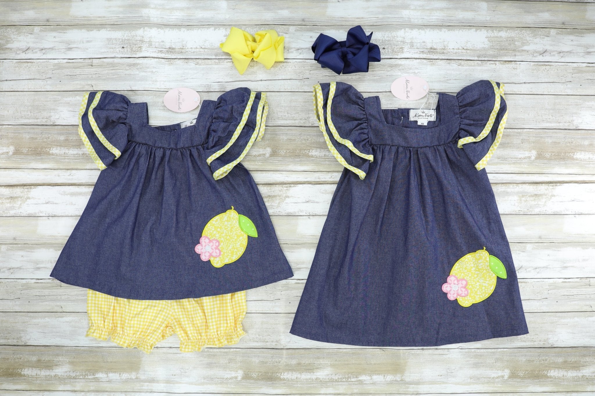 Chambray Lemon Ruffle Dress - Marie Nicole Clothing