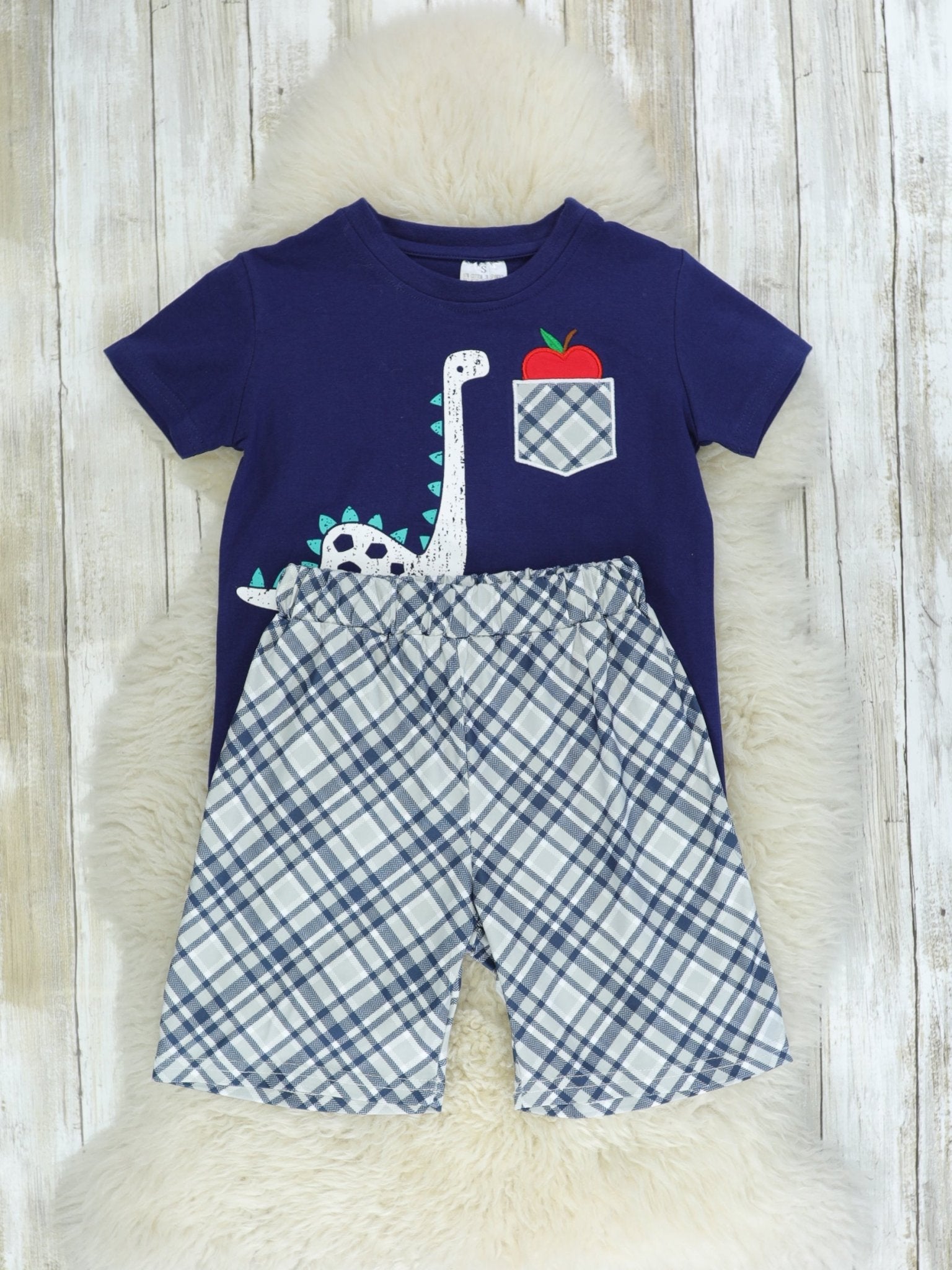 Navy Dino Apple Plaid Outfit - Marie Nicole Clothing