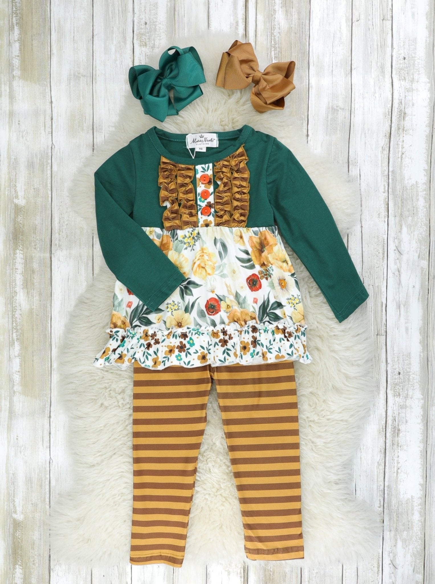 Hunter Green & Brown Floral Ruffle Outfit - Marie Nicole Clothing