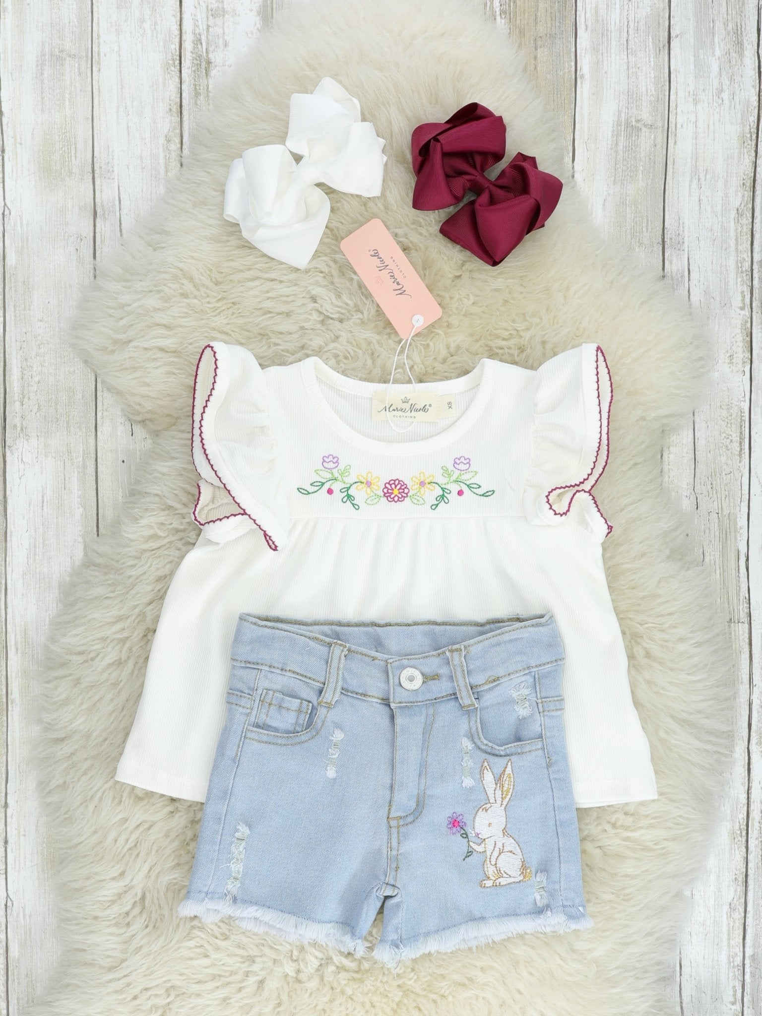 White Ruffle Tunic & Denim Bunny Shorts Outfit - Marie Nicole Clothing