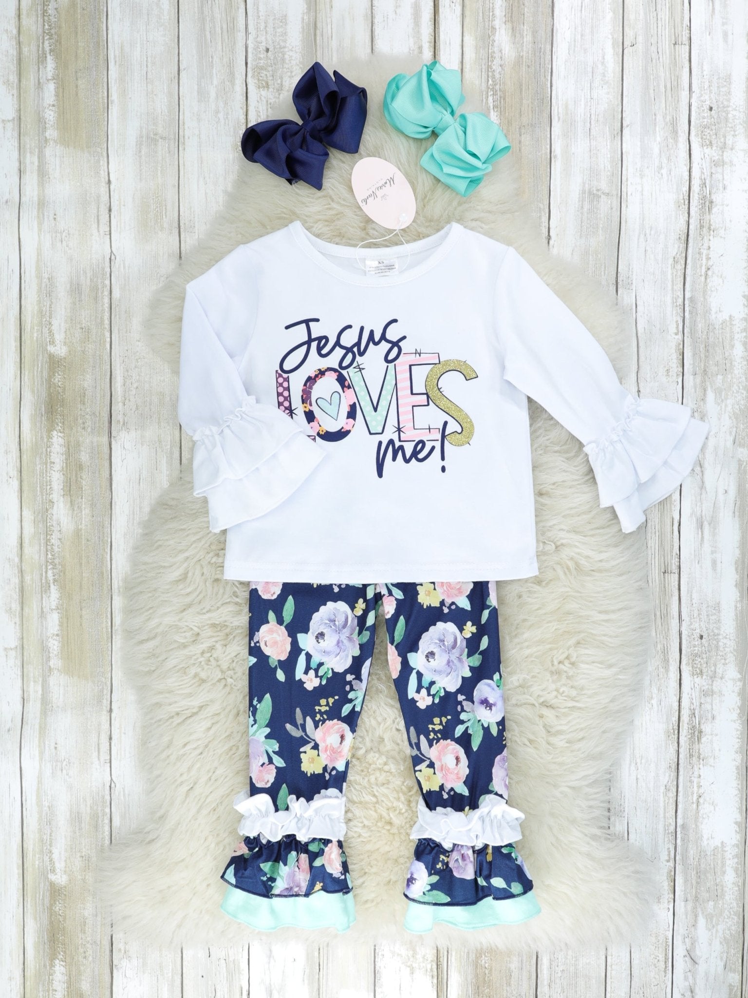 "Jesus Loves Me" Ruffle Top & Floral Pants Outfit - Marie Nicole Clothing