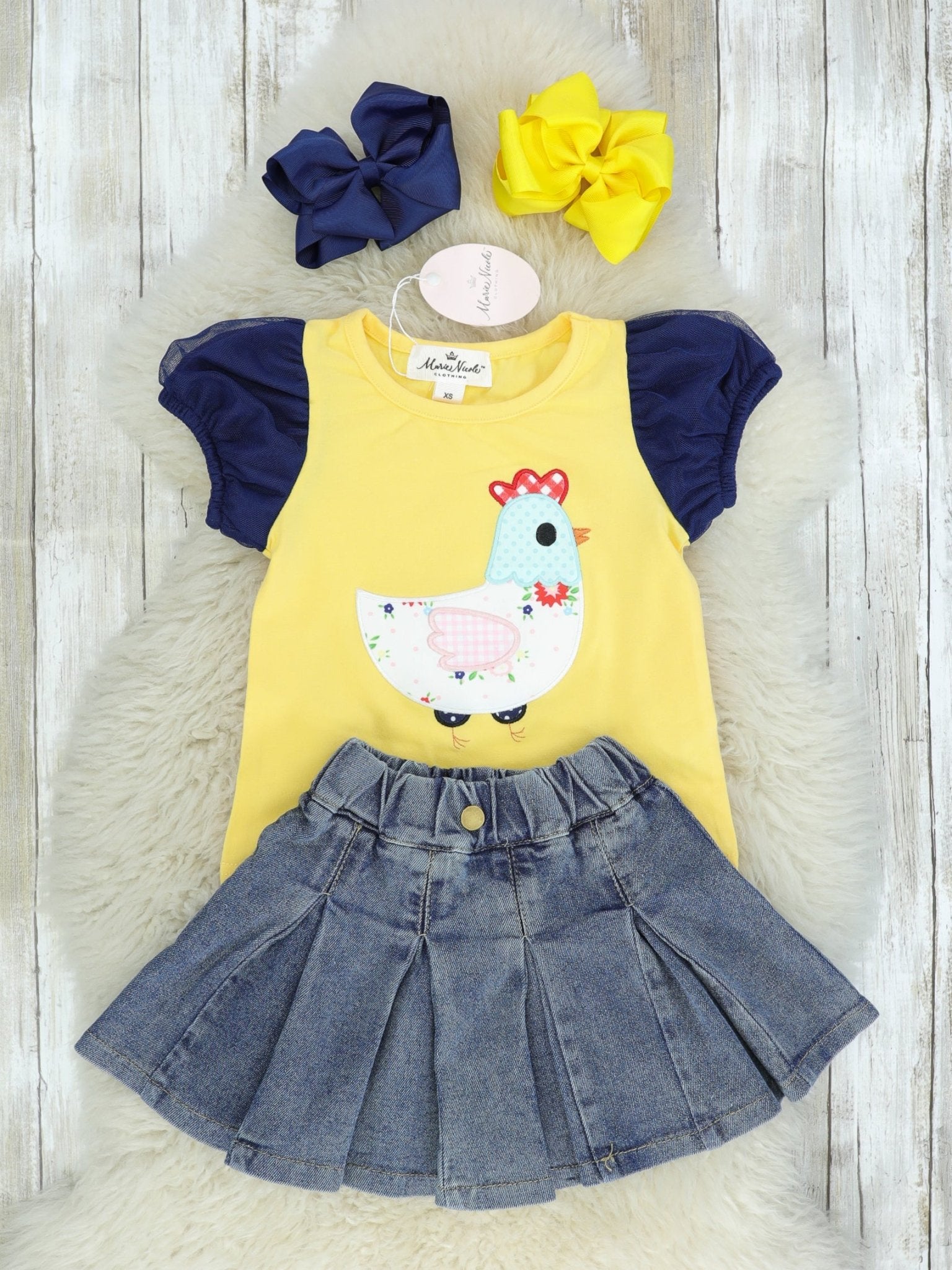 Yellow Chicken Top & Ruffle Denim Skirt Outfit - Marie Nicole Clothing