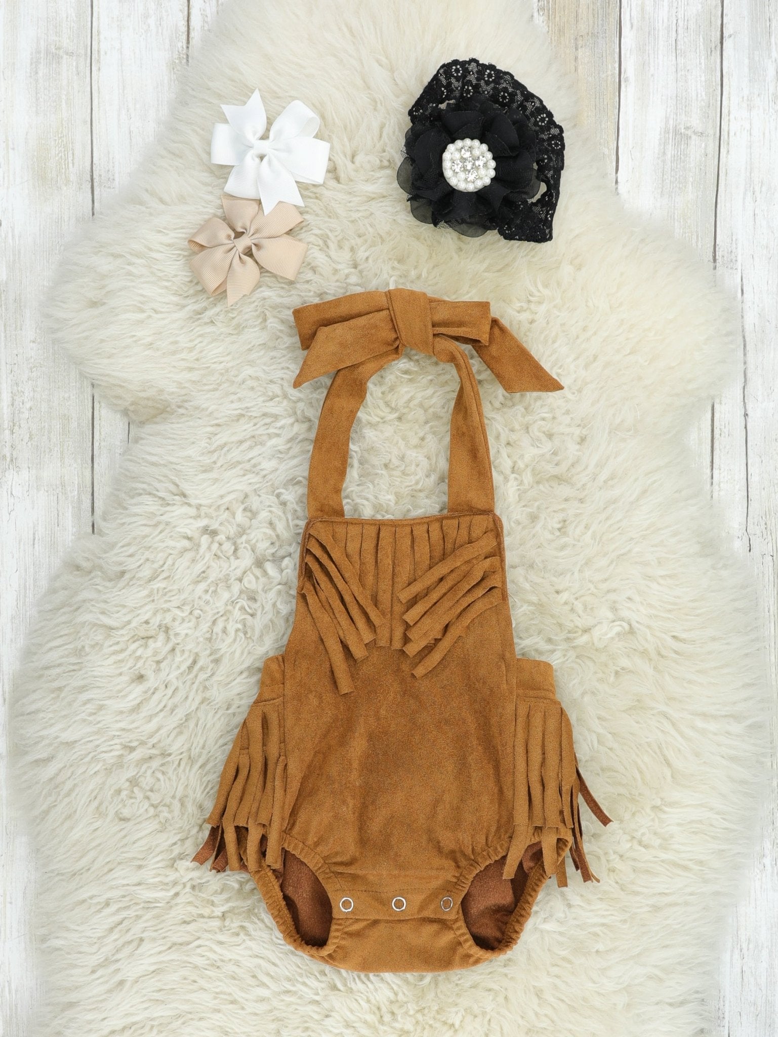 Brown Suede Fringe Tie Bubble Romper - Marie Nicole Clothing