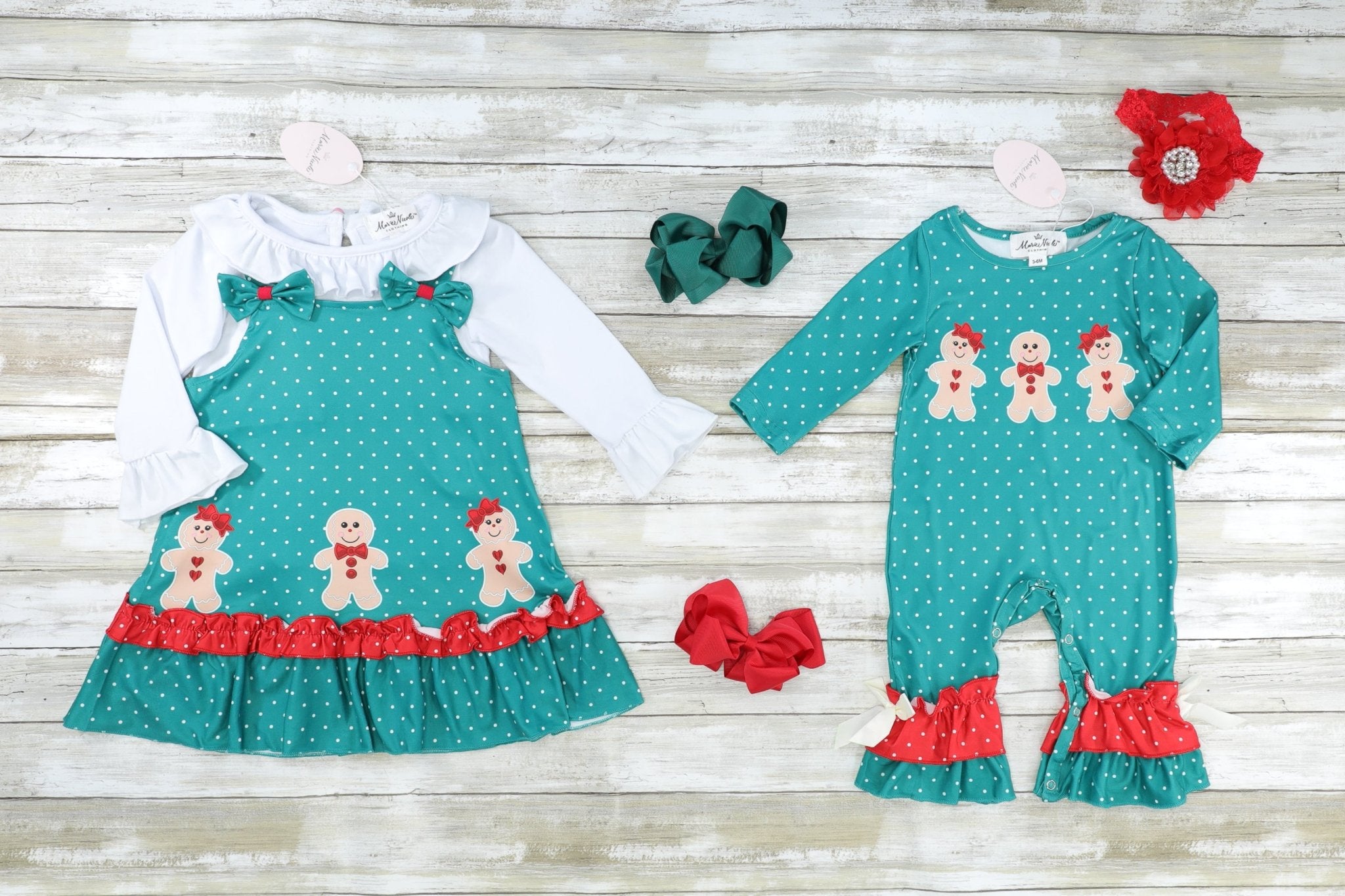 Teal Polka Dot Gingerbread Ruffle Overall Set - Marie Nicole Clothing