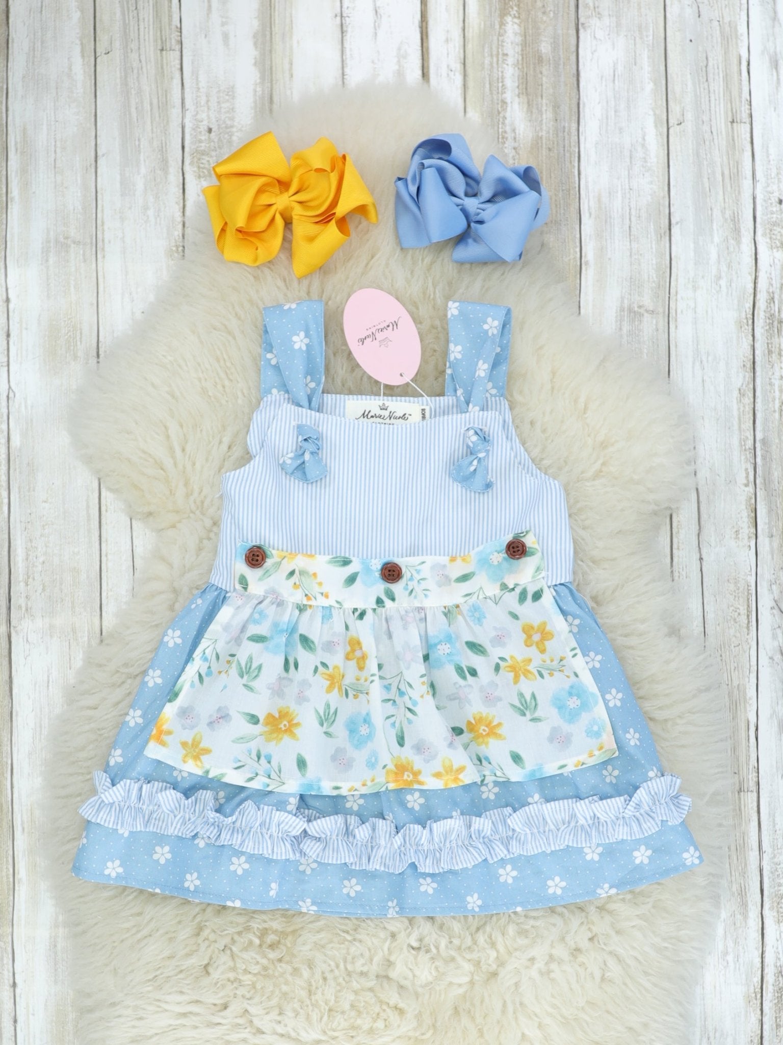 Cornflower Blue Floral Apron Dress - Marie Nicole Clothing