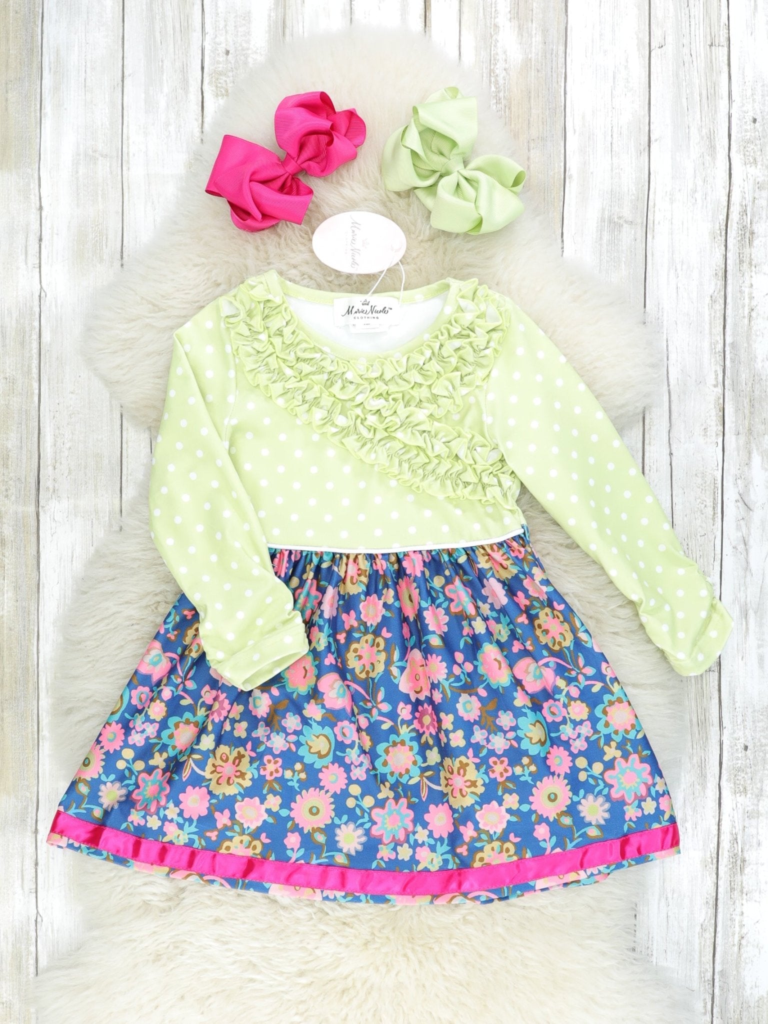 Green, Navy & Pink Floral Ruffle Dress - Marie Nicole Clothing