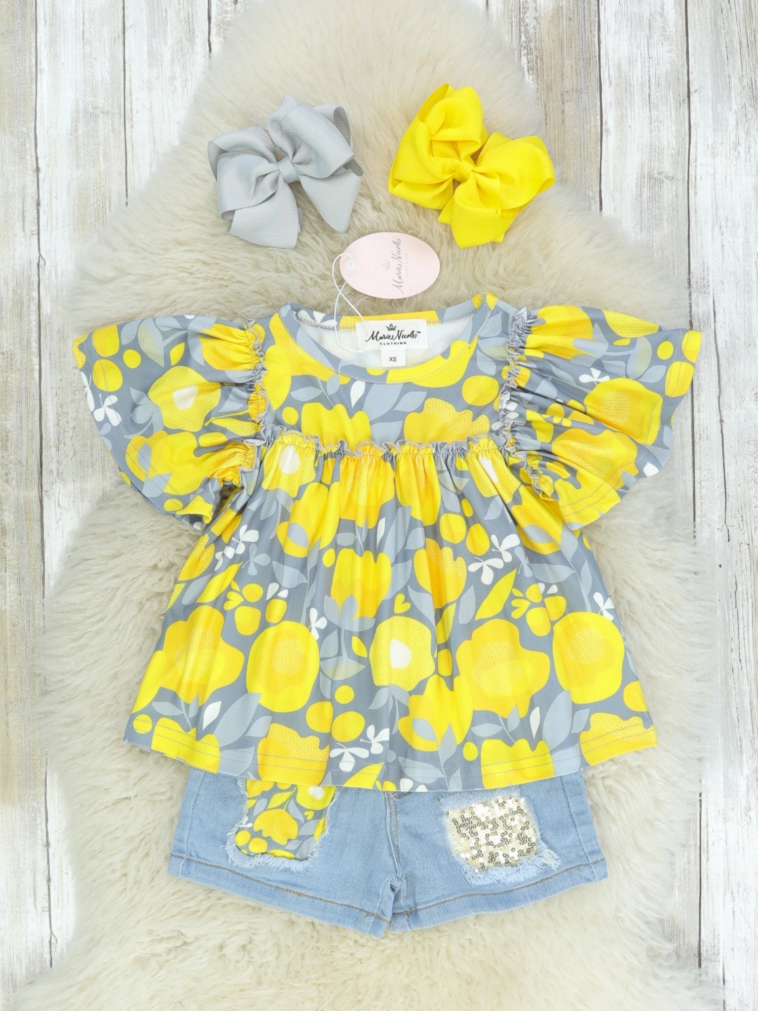 Lemon Ruffle Top & Distressed Denim Outfit - Marie Nicole Clothing