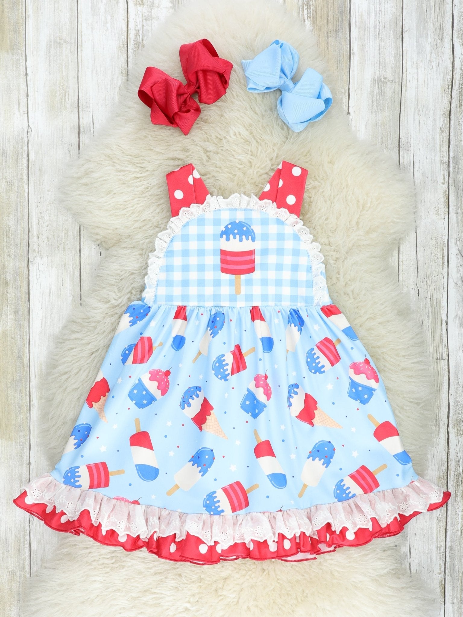 Popsicle Gingham Patriotic Ruffle Dress - Marie Nicole Clothing